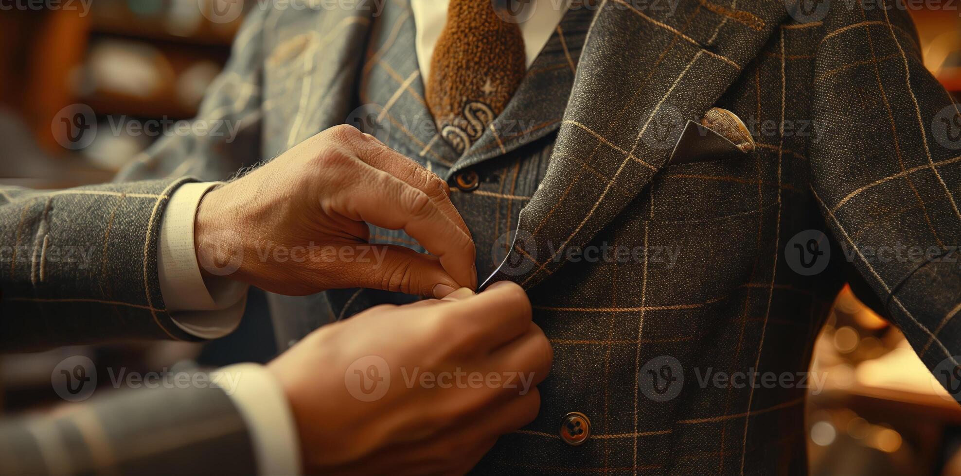 Tailor adjusting a suit jacket on a customer in a vintage menswear shop photo