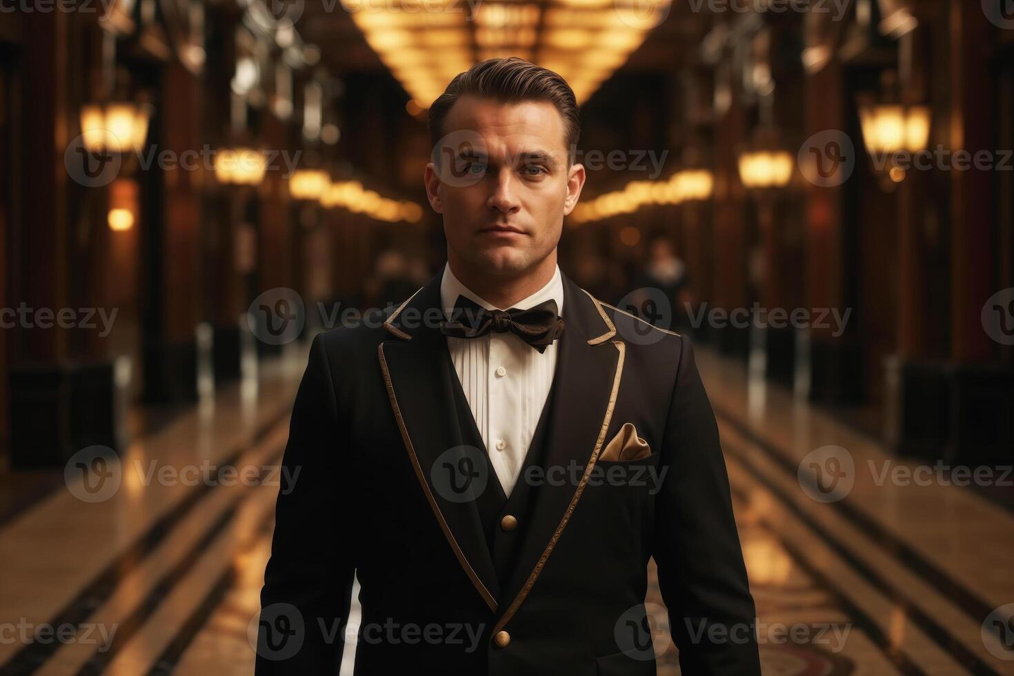 Portrait of a sophisticated man dressed in a formal tuxedo standing in a grand hotel hallway photo