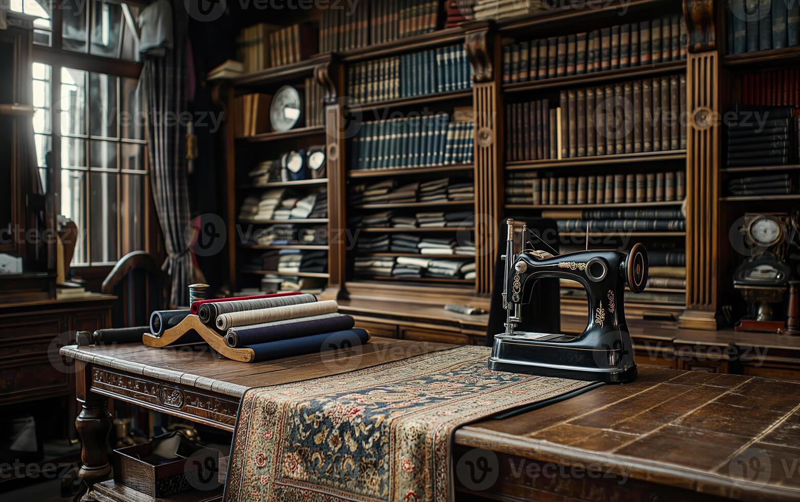 Old fashioned tailor shop with sewing machine and fabric photo