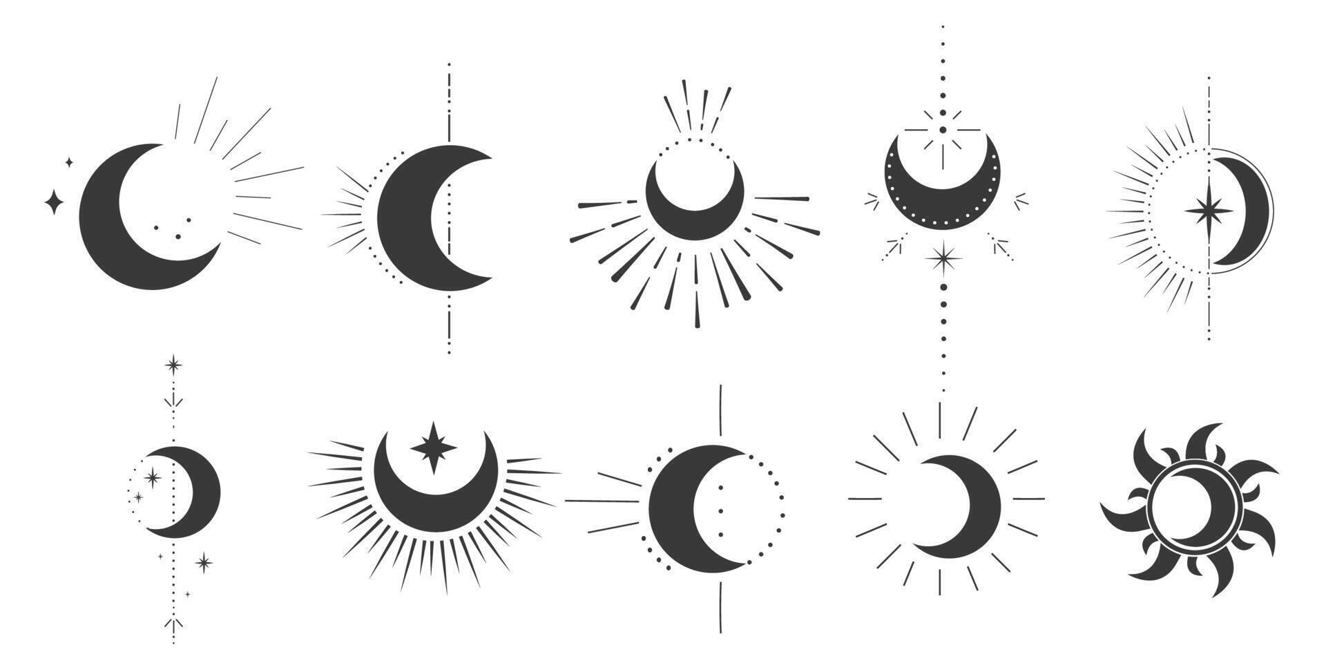 Set mystic moon celestial astrology magic element with rays, stars, burst minimal line tattoo, border or decoration isolated Space symbols, emblem. vector