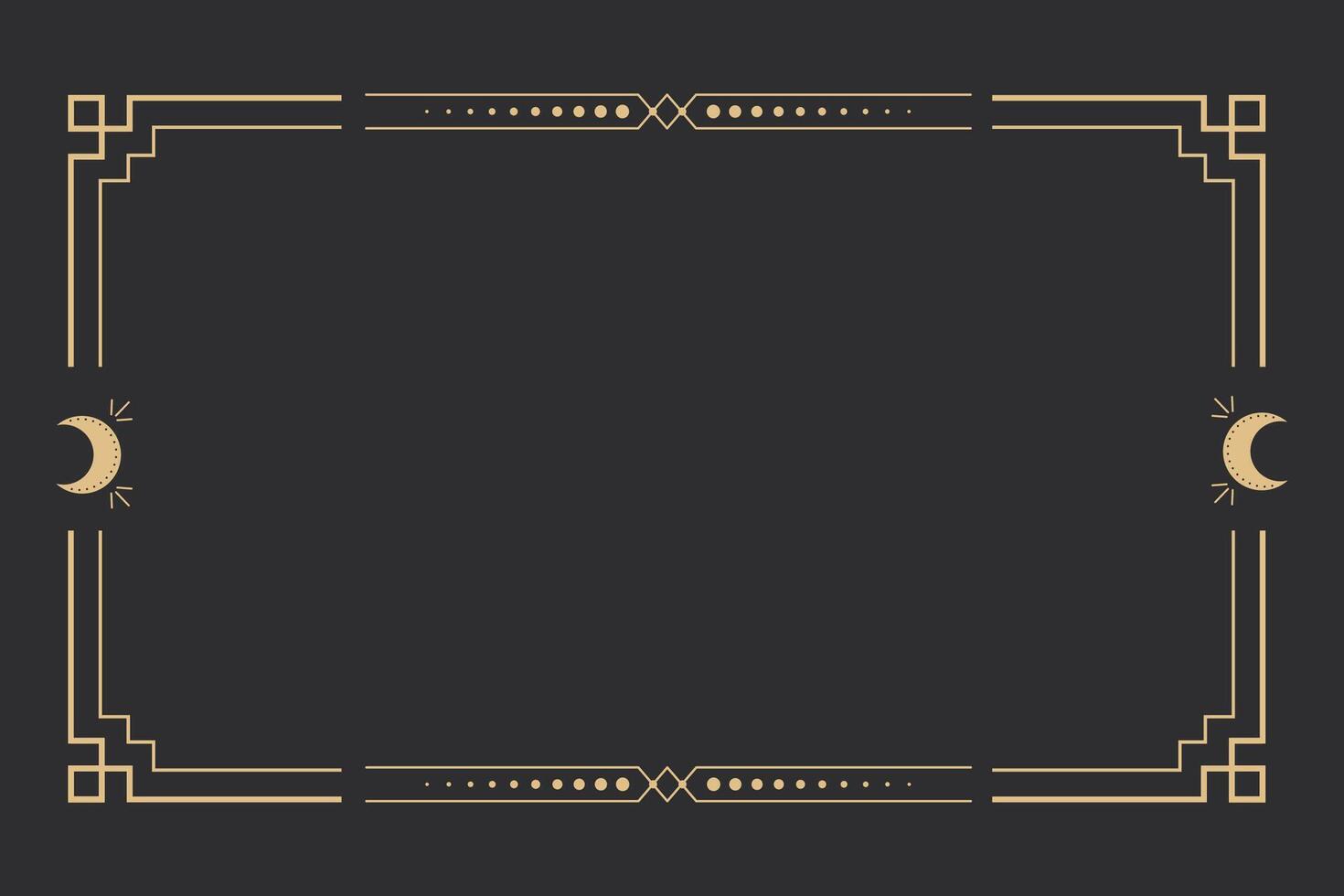 Line golden frame, celestiam minimal esoteric border, mystyc linear decoration with dots, corners isolated on dark background. Geometric shape, tarot . vector