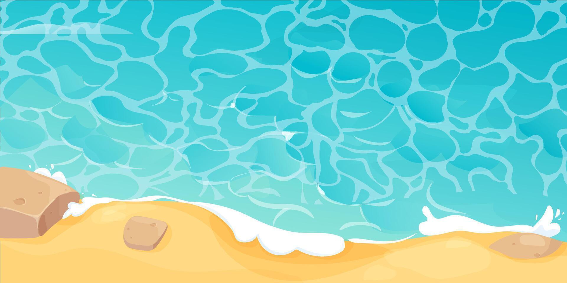 Ocean summer beach sea seashore, coastline with sand and stones, with mountains on horizon in cartoon style. Seaside landscape, tropical beach landscape vector