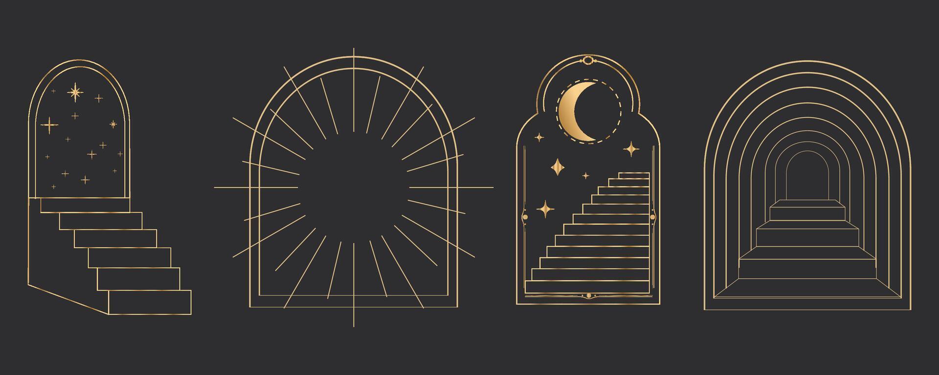 Golden thin line arch frame door stairs, sun and stars, mystic portal, astrology border, decoration, set minimal tatoo on dark background. vector