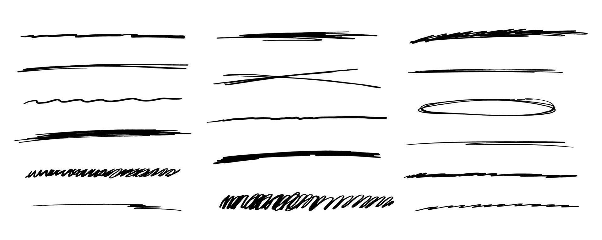 Underlines set brush stroke, marker lines grunge curve, wavy free hand marks textured simple borders strikethrough isolated on white background. Creative collection scribble brush or crayon checks vector