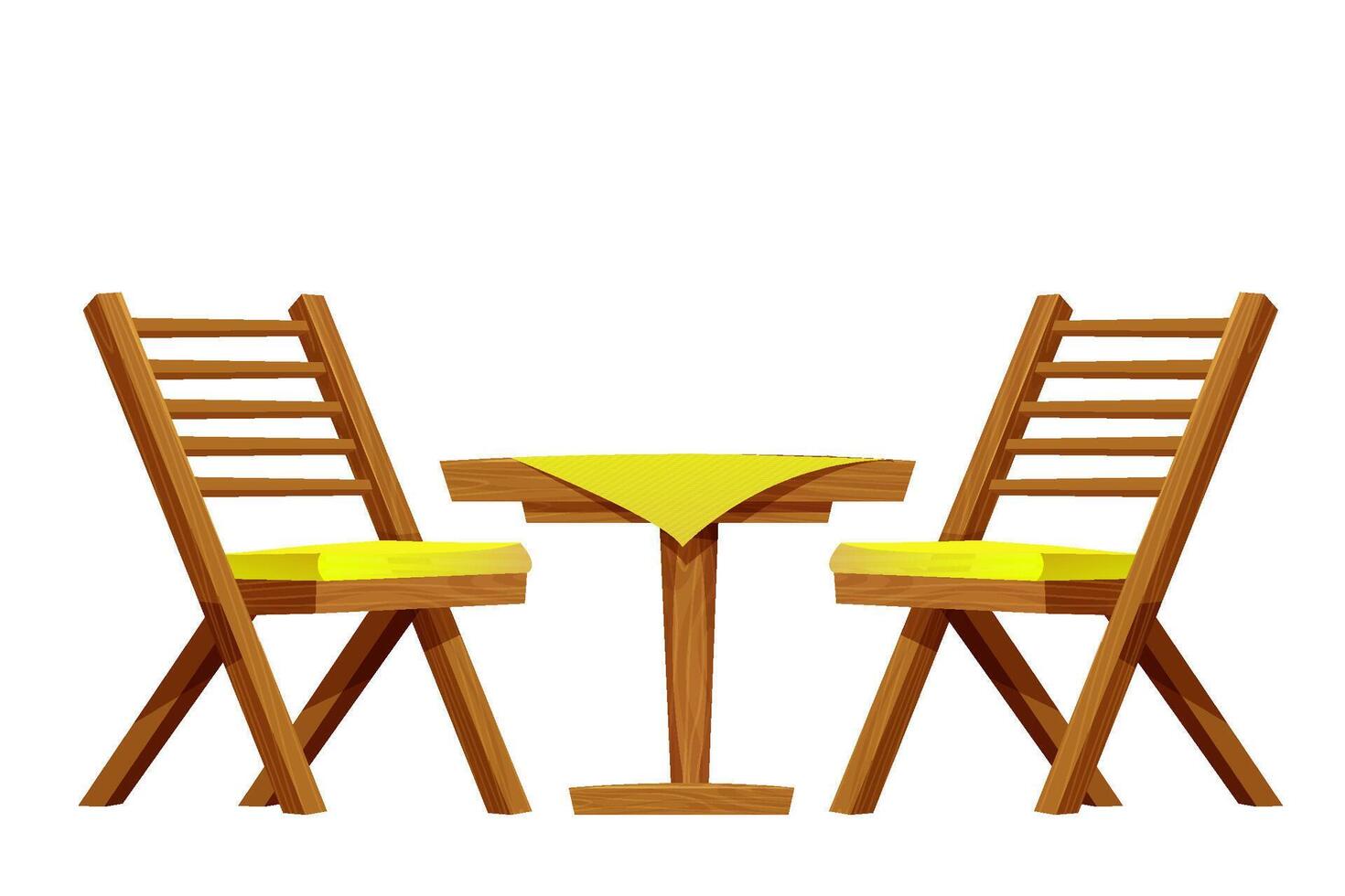 Picnic table with chair set wooden furniture, wood desk with leg and tablecloth, rustic construction isolated on white background. Comic wooden textured coffee table. vector
