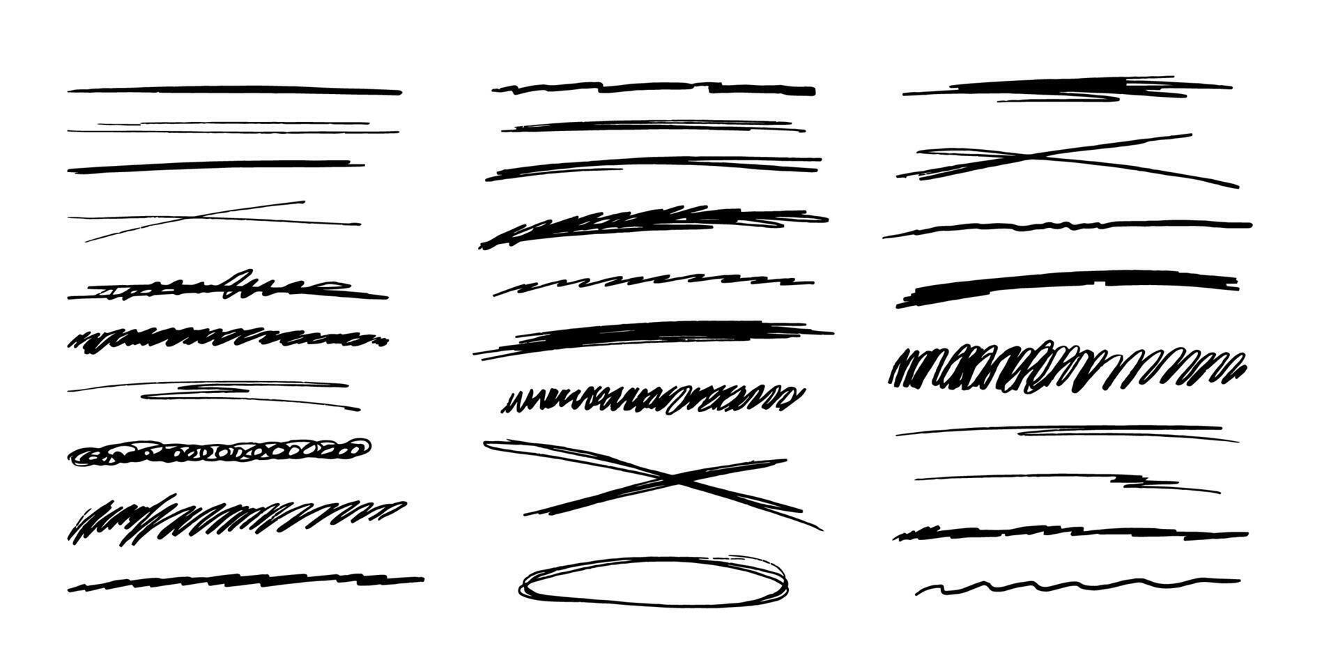Underlines set brush stroke, marker lines grunge curve, wavy free hand marks textured simple borders strikethrough isolated on white background. Creative collection scribble brush or crayon checks vector