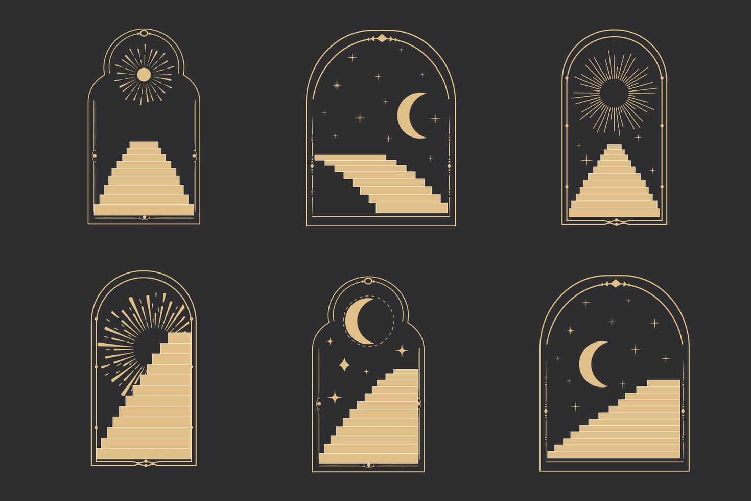 Set arch window line frame celestial, mystic with staircase, astrology symbols moon and sun, line border, minimal tattoo isolated. Esoteric spiritual icon. vector