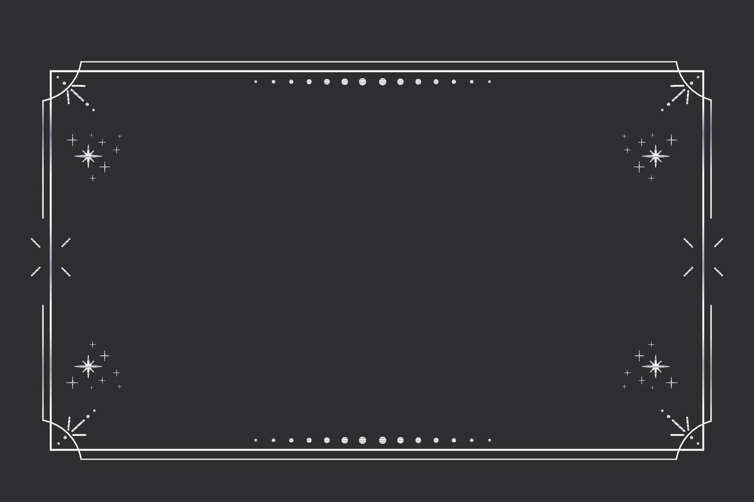Silver celestial minimal esoteric frame, thin line border, mystyc linear decoration with dots, moon, stars corners isolated on dark background. Geometric shape, tarrot vector