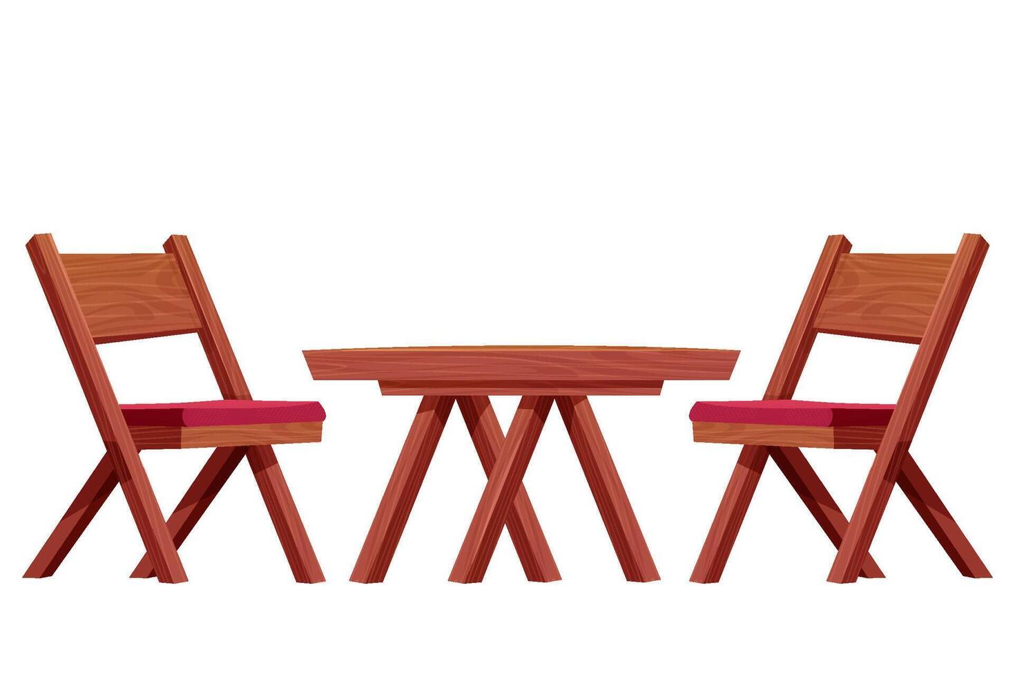 Picnic table with chair set wooden furniture, wood desk with leg rustic construction isolated on white background. Comic wooden textured coffee table. vector