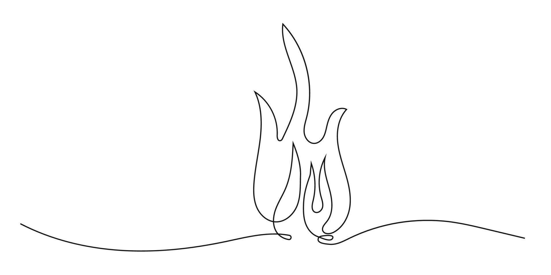 Fire line art continuous, bonfire doodle isolated on white background. Simple Burning flame vector