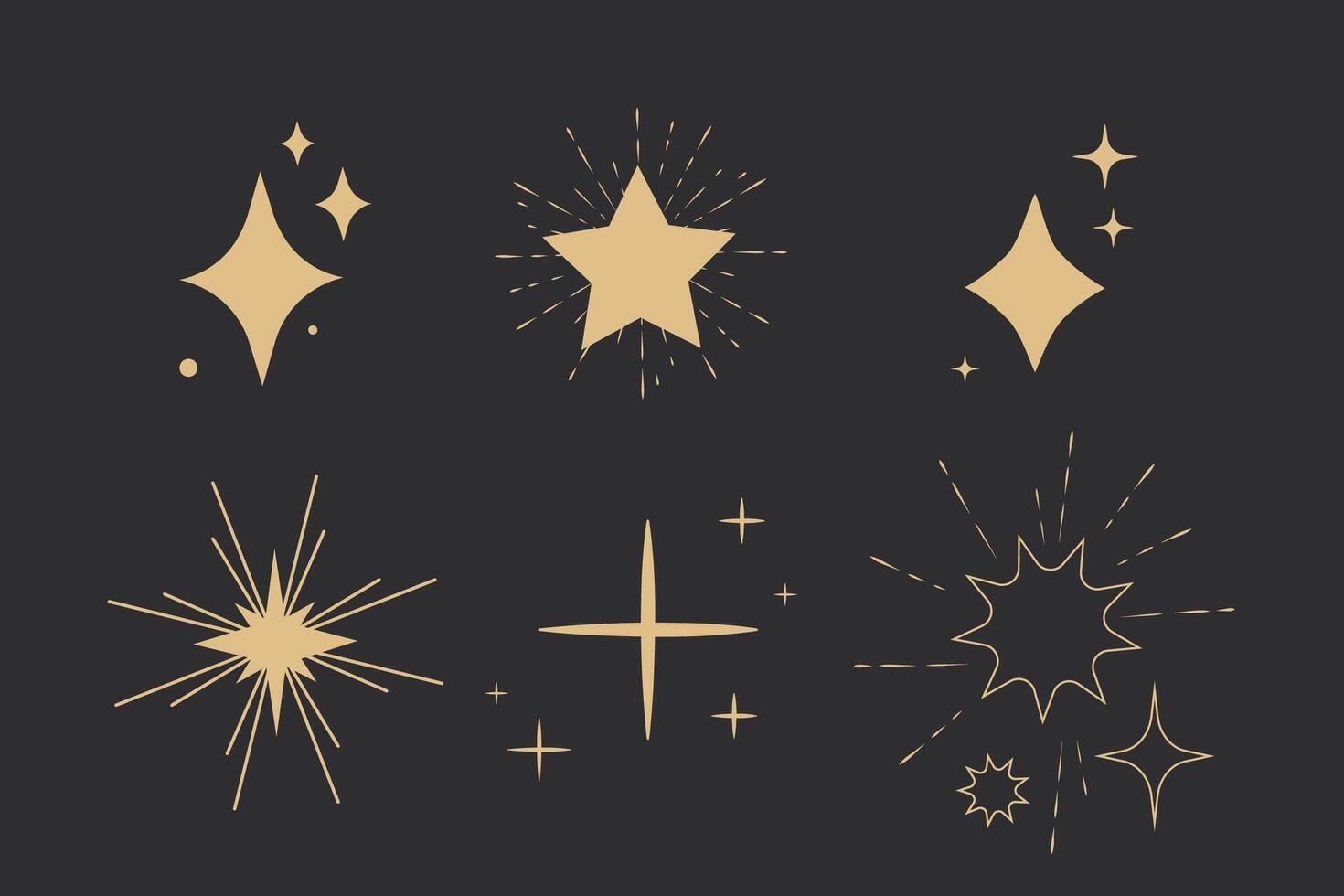 Celestial star blink doodle, contour set sparkle fireworks, holiday party explosion isolated on white background. Golden magic celestial starburst. vector