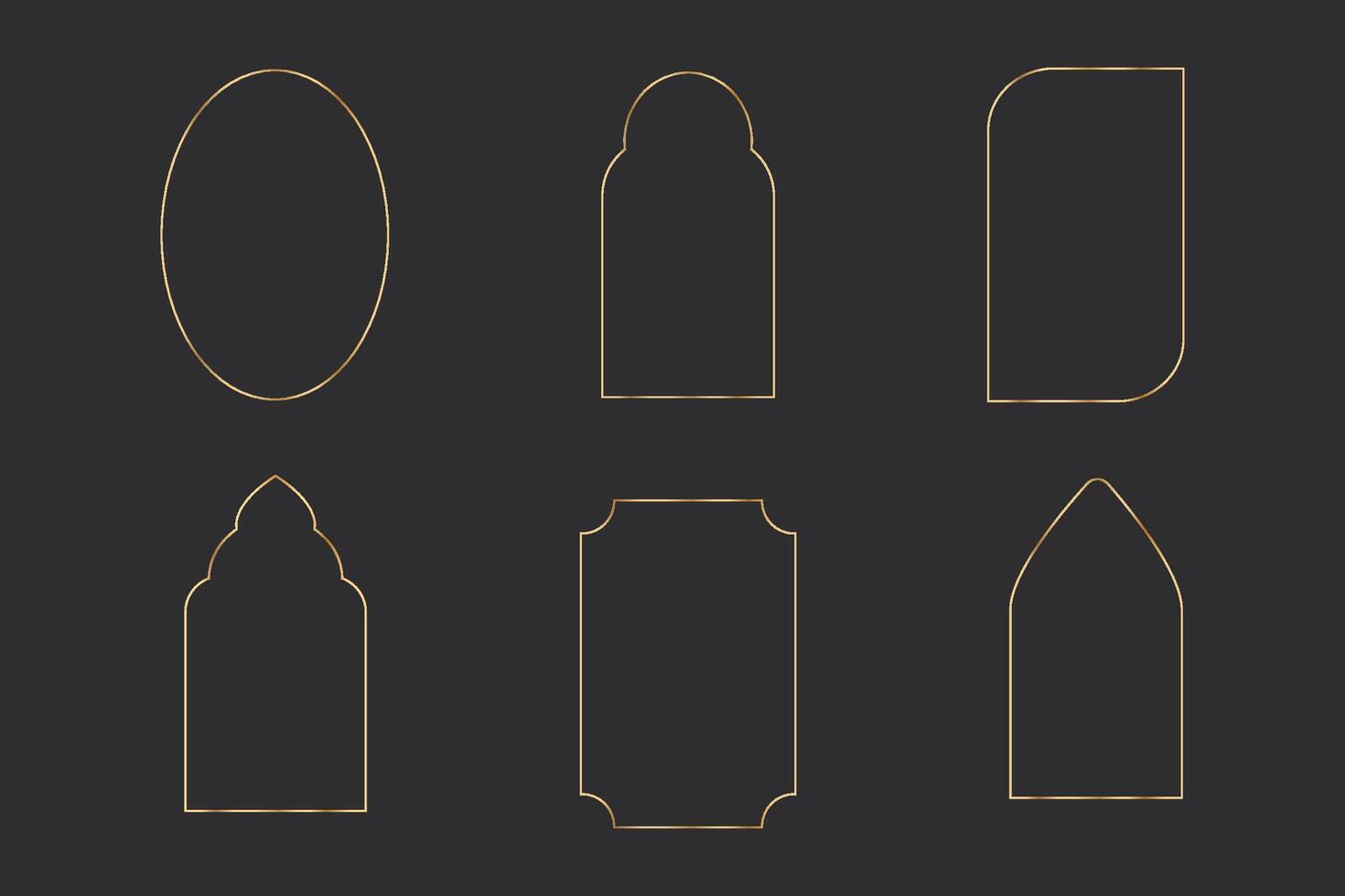 Set thin line golden minimal frames geometric shapes, arch border, elegant deco isolated on dark background. Simple luxury vintage. vector