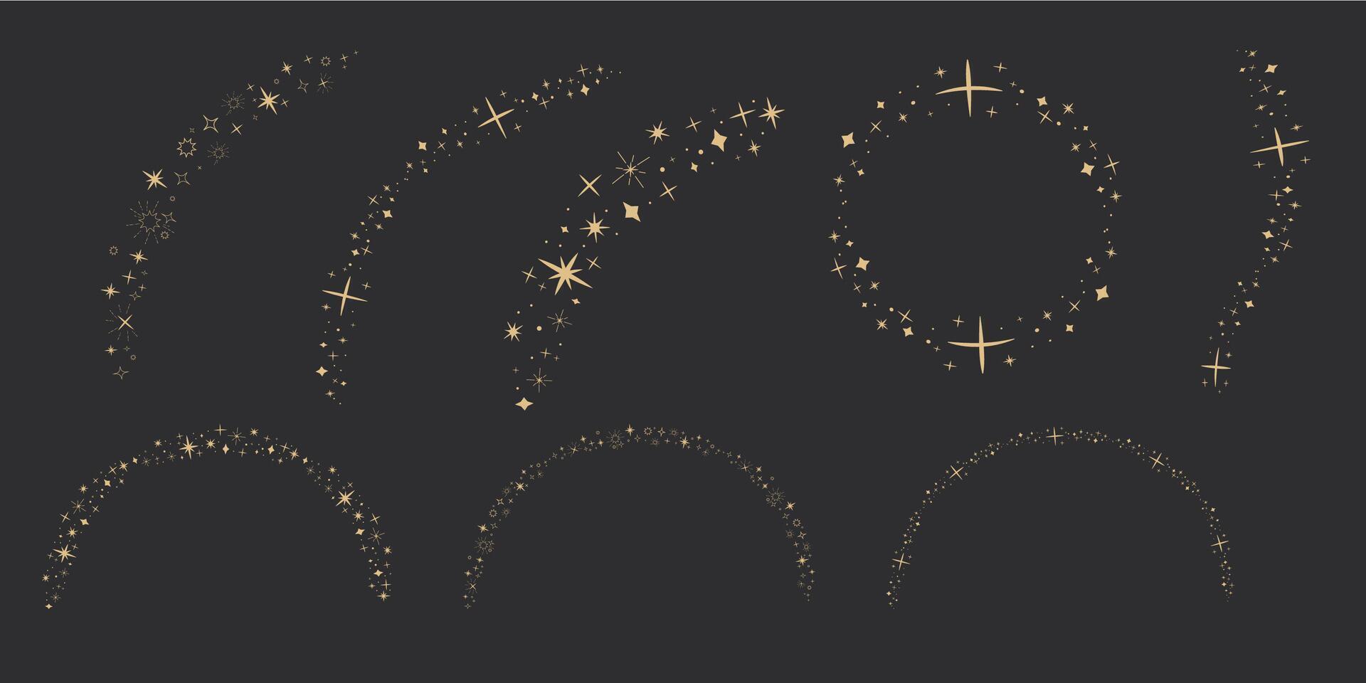 Gold star arch celestial, blink star mystic ornament, shiny minimal decoration on dark background. Shiny elements, starry and dots silhouettes. Comets stars and abstract constellations vector