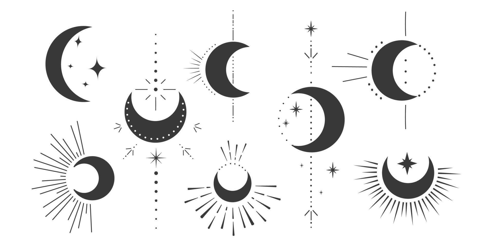 Set mystic moon celestial astrology magic element with rays, stars, burst minimal line tattoo, border or decoration isolated Space symbols, emblem. vector