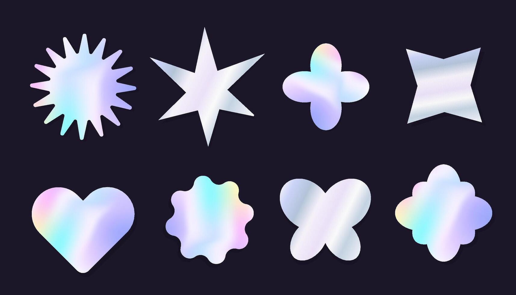 Holographic y2k future metal badge, stamp, trendy colored sticker set heart and abstract shapes. Silver foil tag collection vector
