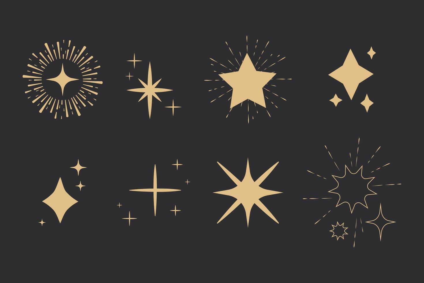 Celestial star blink doodle, contour set sparkle fireworks, holiday party explosion isolated on white background. Golden magic celestial starburst. vector