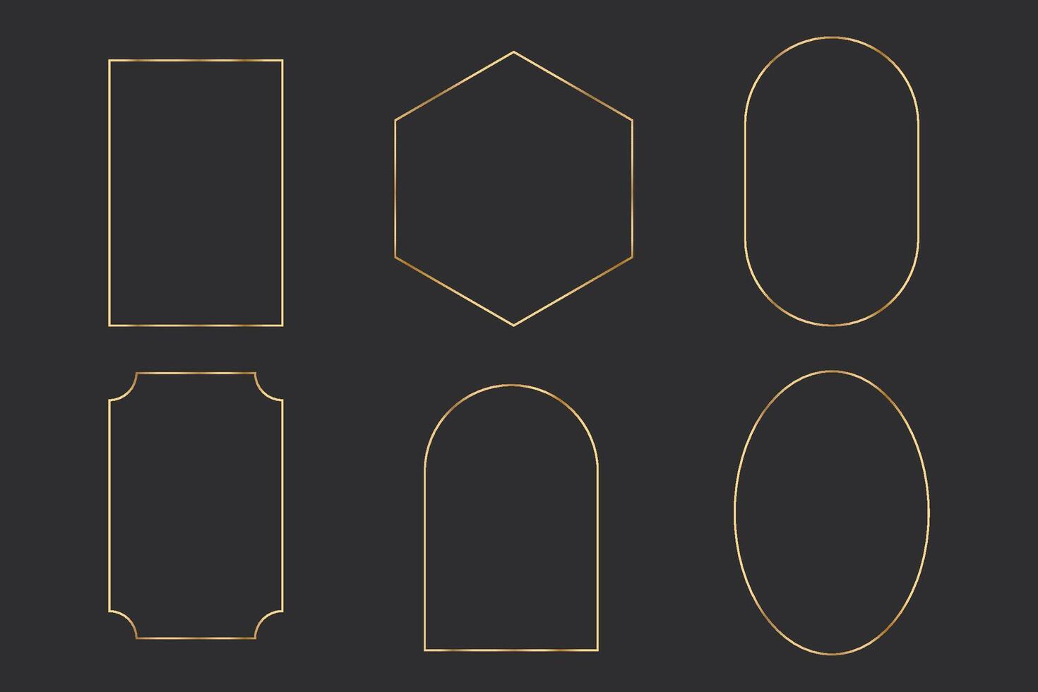 Set golden thin line frames different shapes on the dark background. Perfect border design for headline, text decor and sale banner. vector