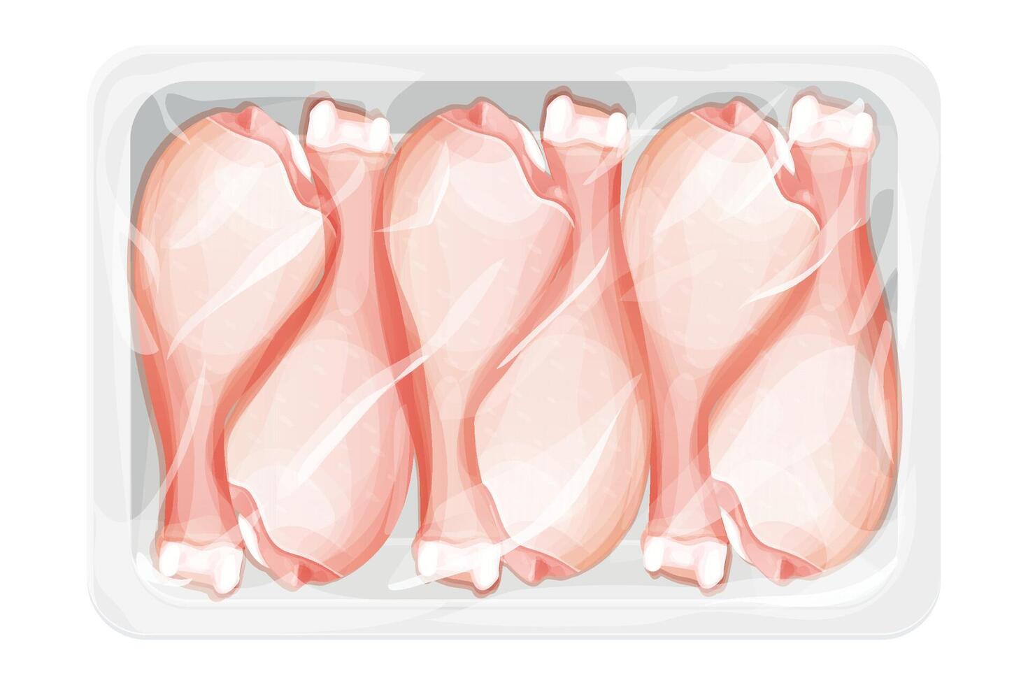 Chicken leg, raw drumstick top view in plastic tray, package with poultry in cartoon style isolated on white background. Bird meat uncoocked, ingredient design. vector