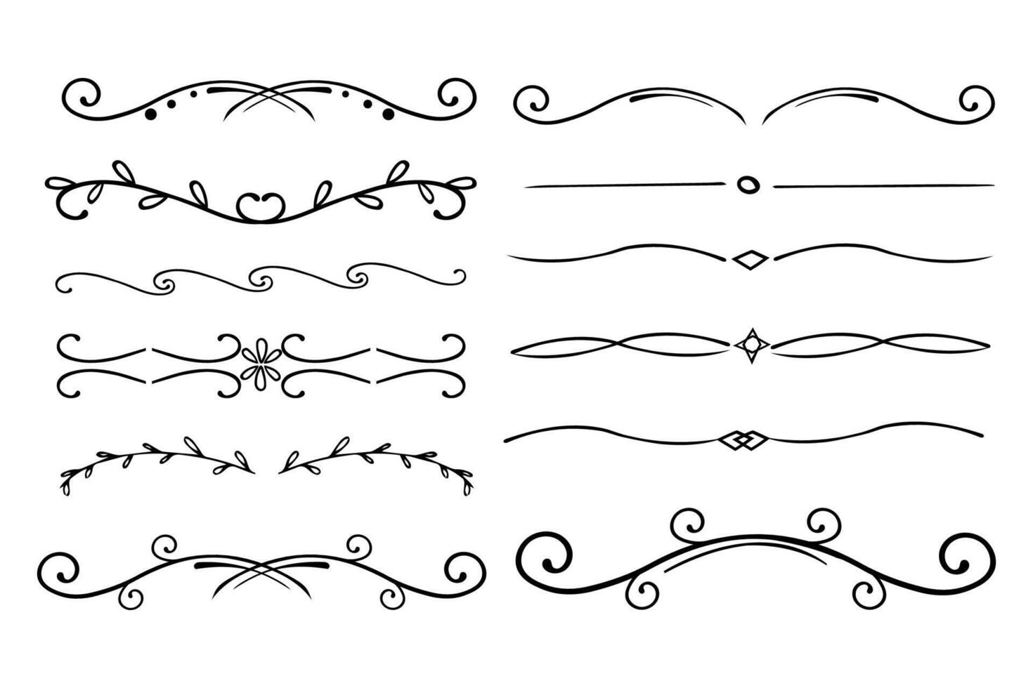 Elegant divider thin line swirl doodle ethnic border separator collection isolated on white background. Florish arnament, embelish. vector