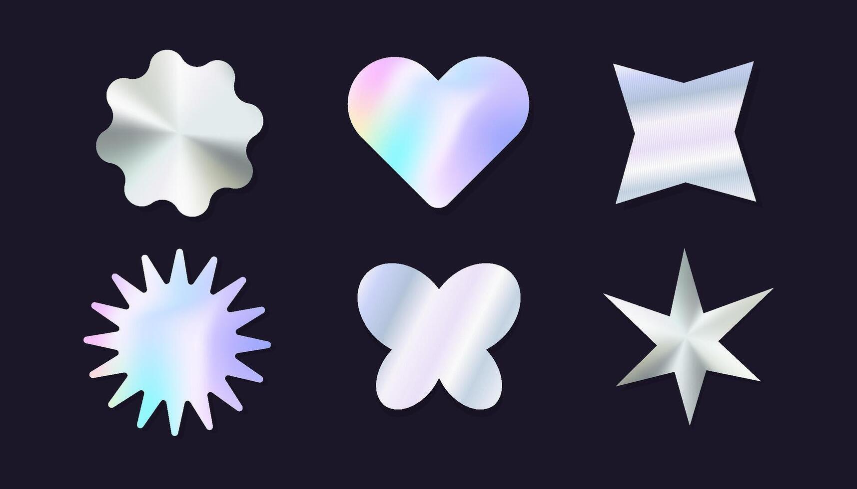 Holographic y2k future metal badge, stamp, trndy coloded sticker set heart and abstract shapes. Silver foil tag collection vector