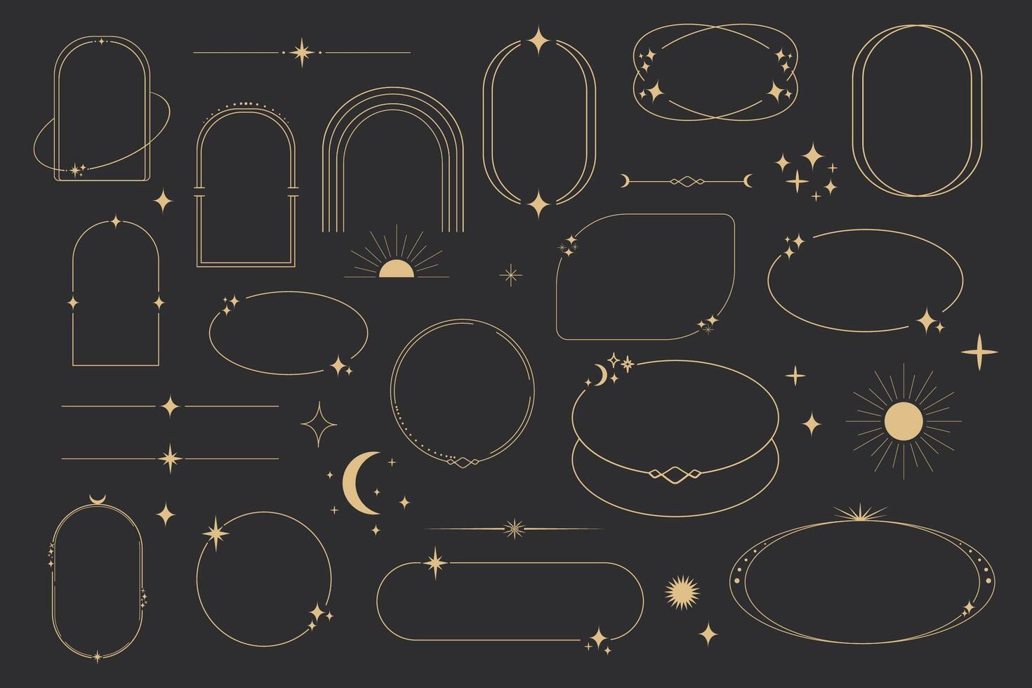 Golden celestial frame, border, arch line art esoteric minimal decoration with sparkles isolated on dark background. vector