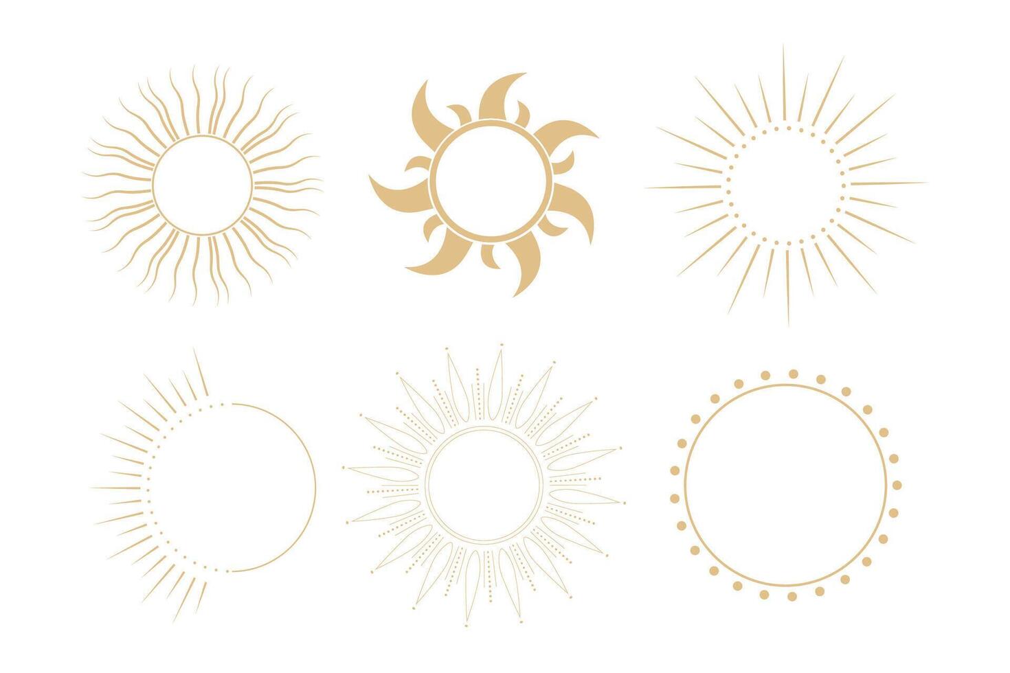 Set golden celestial frames sun, borders, arch line art esoteric minimal decoration with sparkles isolated on dark background. vector