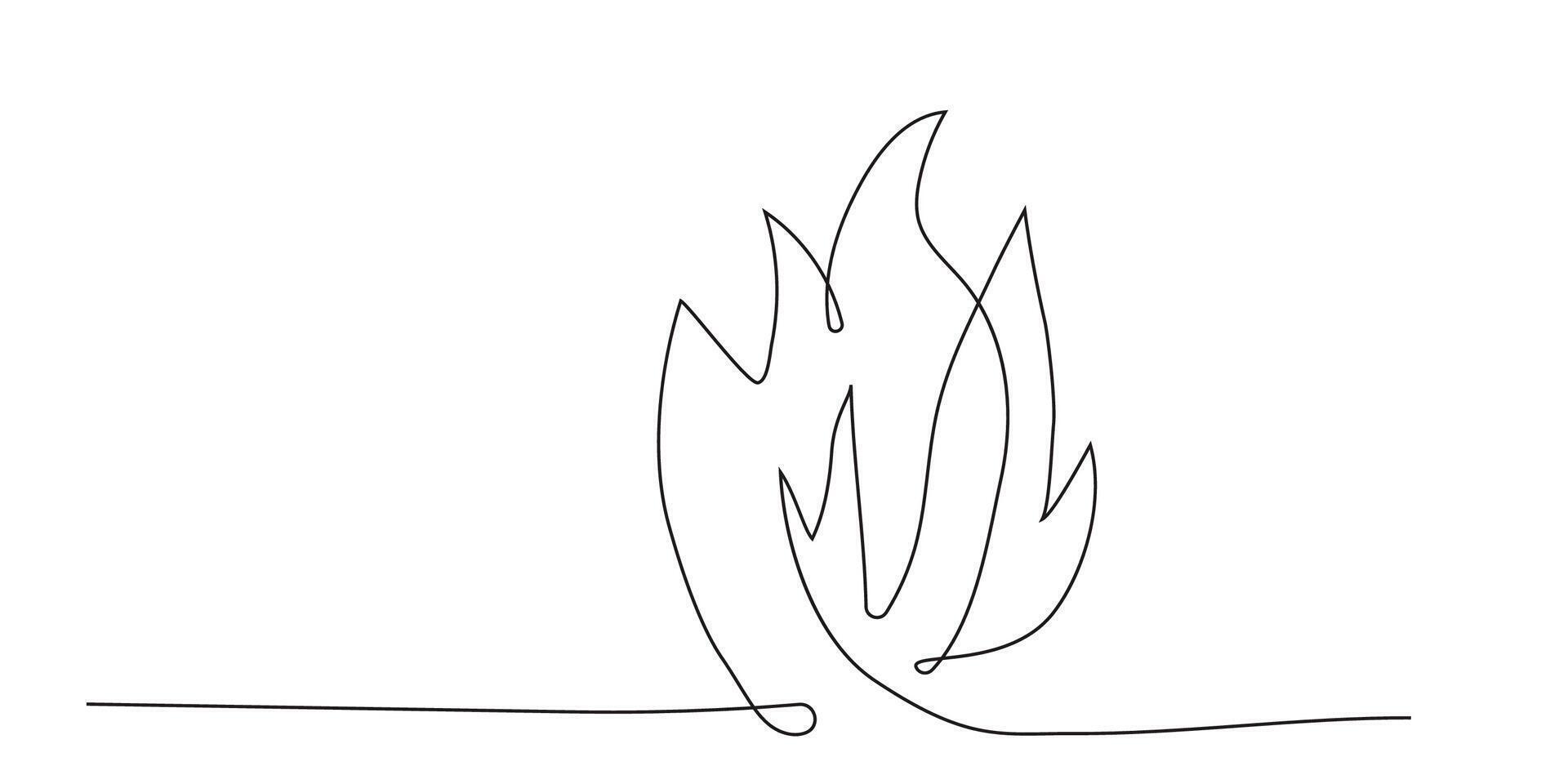 Fire line art continuous, bonfire doodle isolated on white background. Simple Burning flame vector