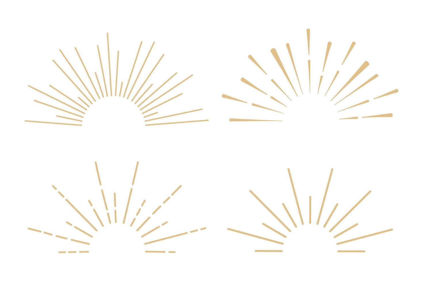 Golden sun burst beam line minimal sunrise decoration isolated on white background. Celestial sun ray with ocean waves vector