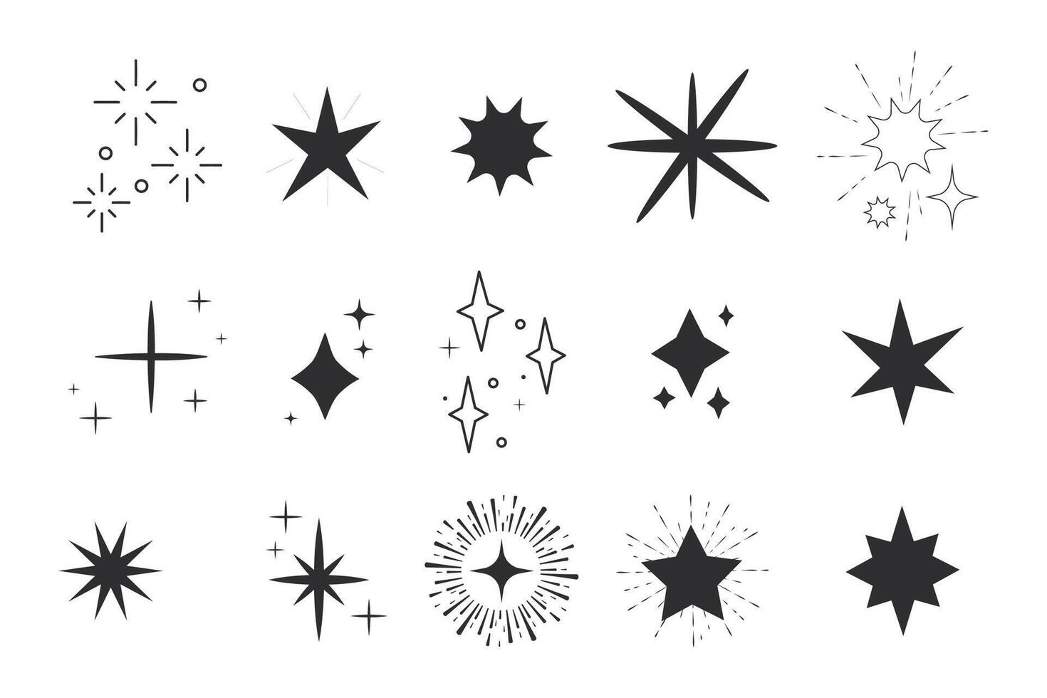 Celestial star blink doodle, contour set sparkle fireworks, holiday party explosion isolated on white background. Golden magic celestial starburst. vector
