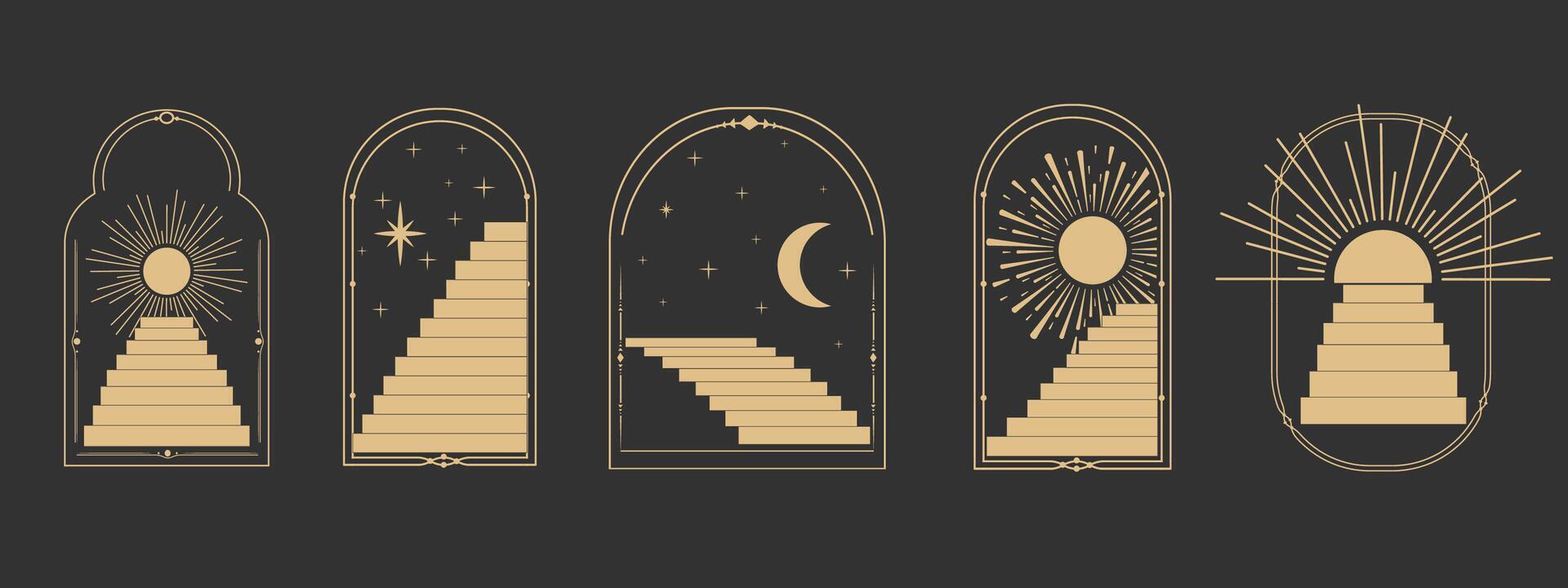 Set arch window line frame celestial, mystic with staircase, astrology symbols moon and sun, line border, minimal tattoo isolated. Esoteric spiritual icon. vector