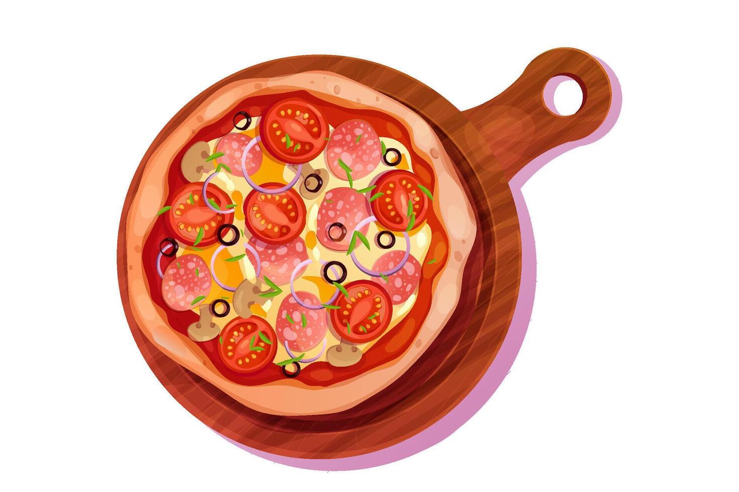 Pizza in wooden board top view with salami, olives, tomato and mushrooms isolated on white background. Whole pizza with cheese, tasty italian food. vector