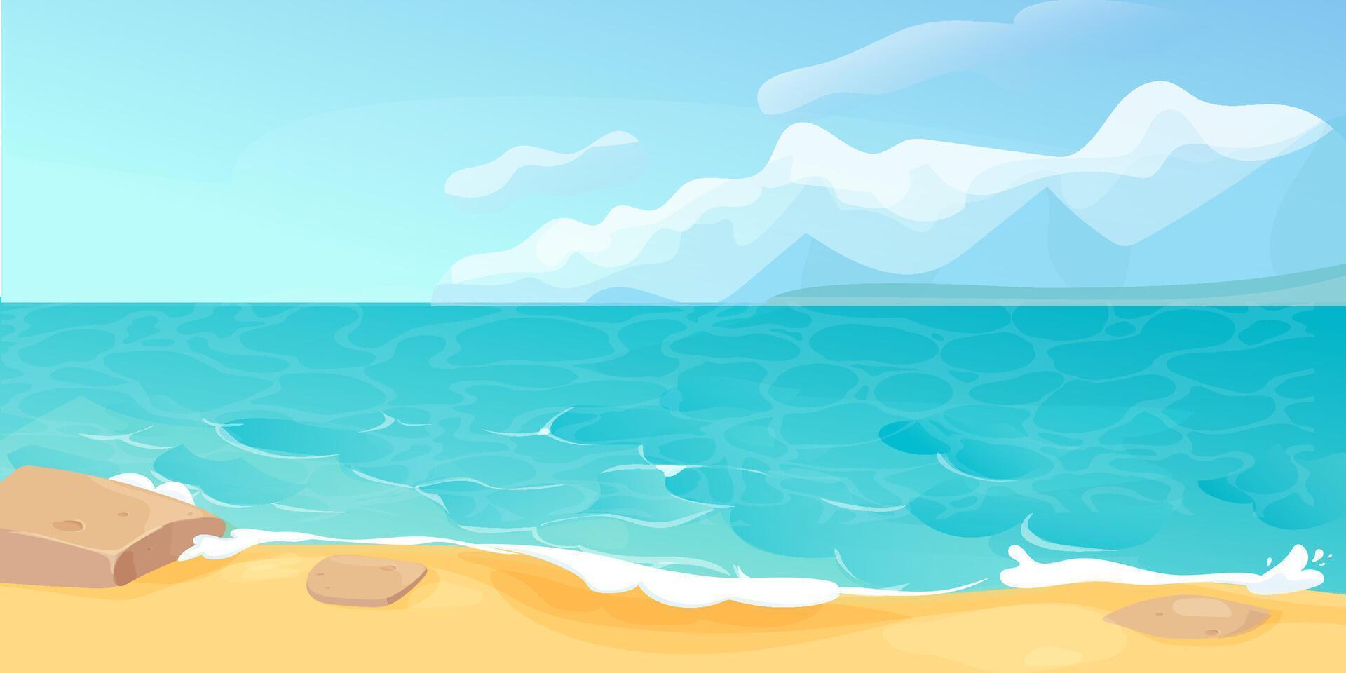 Ocean summer beach sea seashore, coastline with sand and stones, with mountains on horizon. Seaside landscape, tropical beach landscape vector