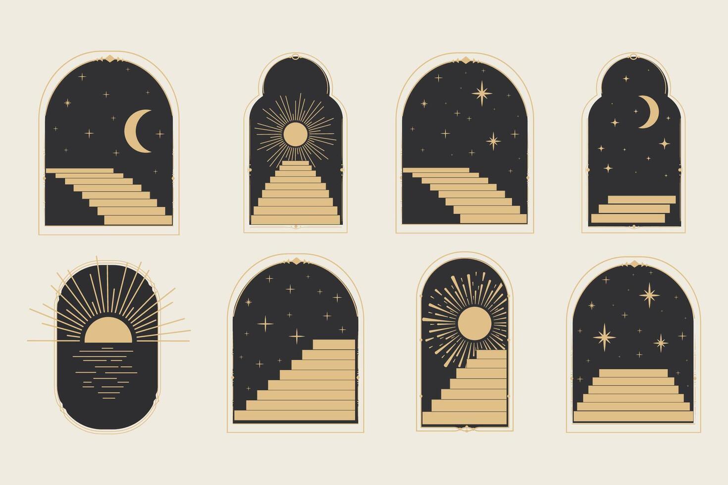 Set arch window line frame celestial, mystic with staircase, astrology symbols moon and sun, line border, minimal tattoo isolated. Esoteric spiritual icon. vector
