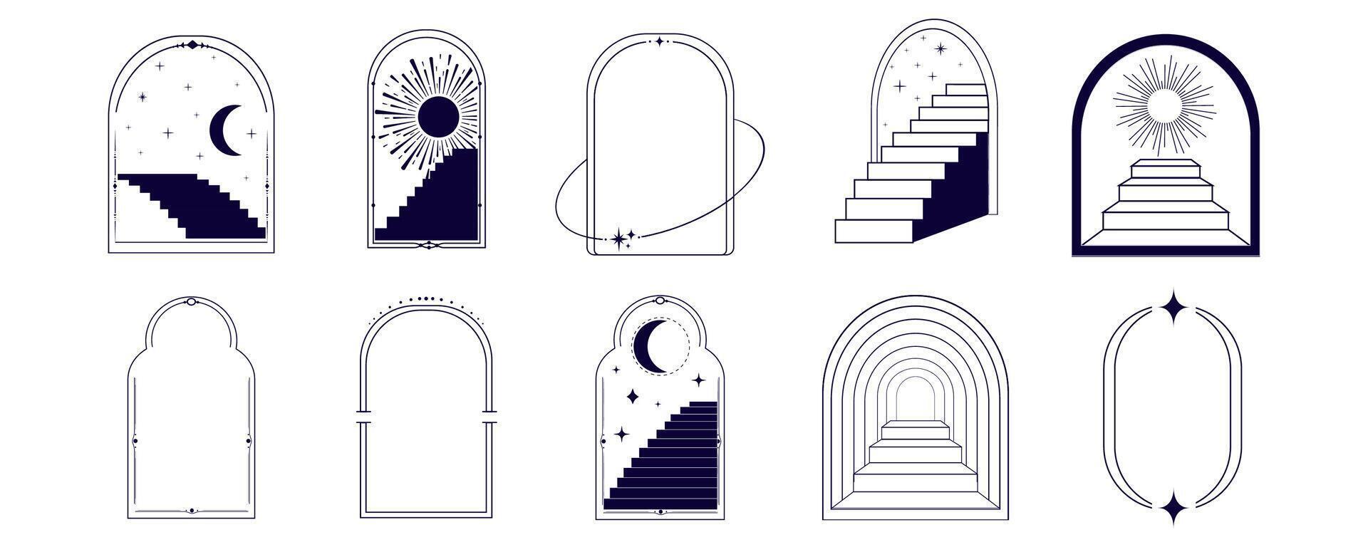 Thin line arch frame door stairs, sun and stars collection, mystic portal, astrology border, decoration, set minimal tatoo on white background. vector