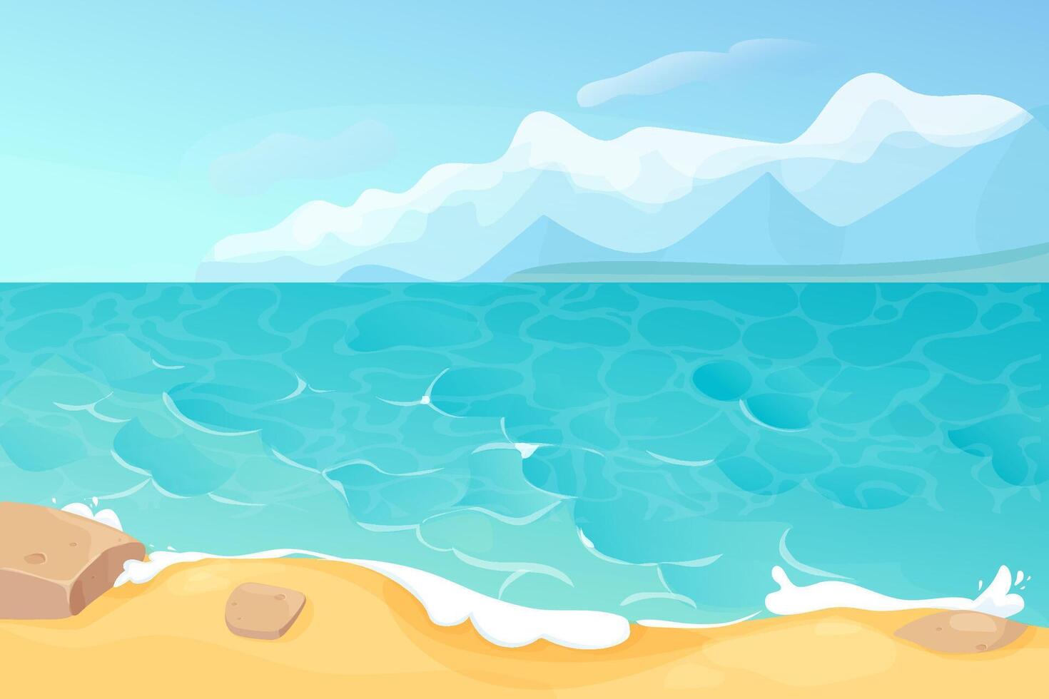 Ocean summer beach sea seashore, coastline with sand and stones, with mountains on horizon in cartoon style. Seaside landscape, tropical beach landscape vector