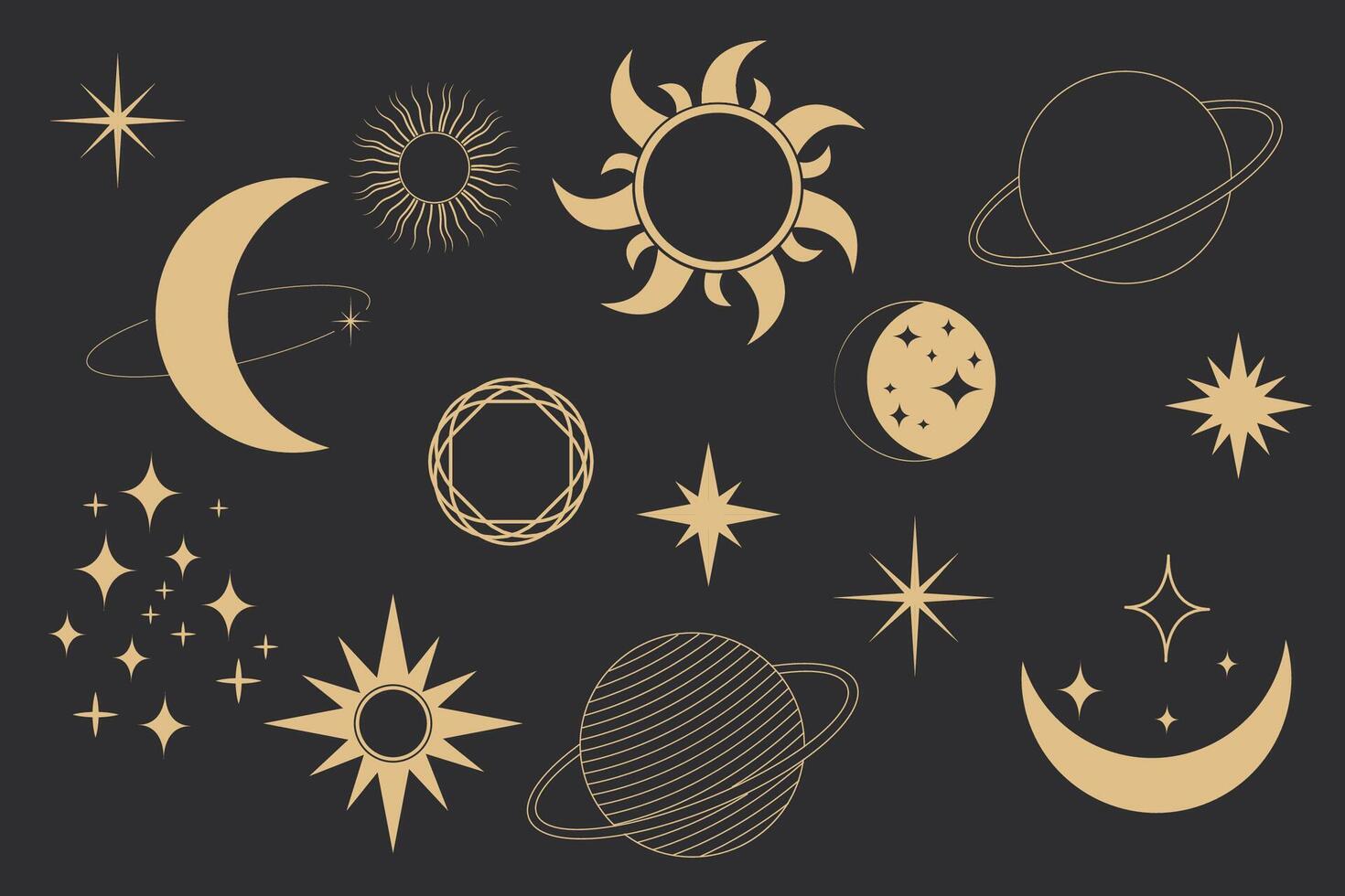 Set golden celestial frames, borders, arch line art esoteric minimal decoration with sparkles isolated on dark background. vector