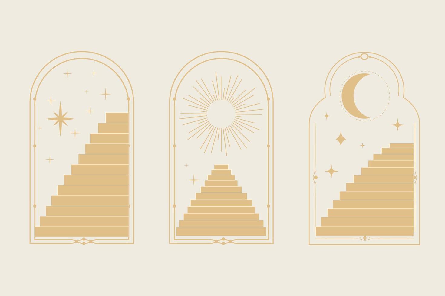 Set arch window line frame celestial, mystic with staircase, astrology symbols moon and sun, line border, minimal tattoo isolated. Esoteric spiritual icon. vector
