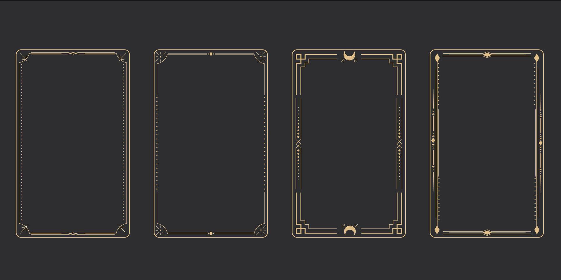 Line golden frame, celestiam minimal esoteric border, mystyc linear decoration with dots, corners isolated on dark background. Geometric shape, tarot . vector