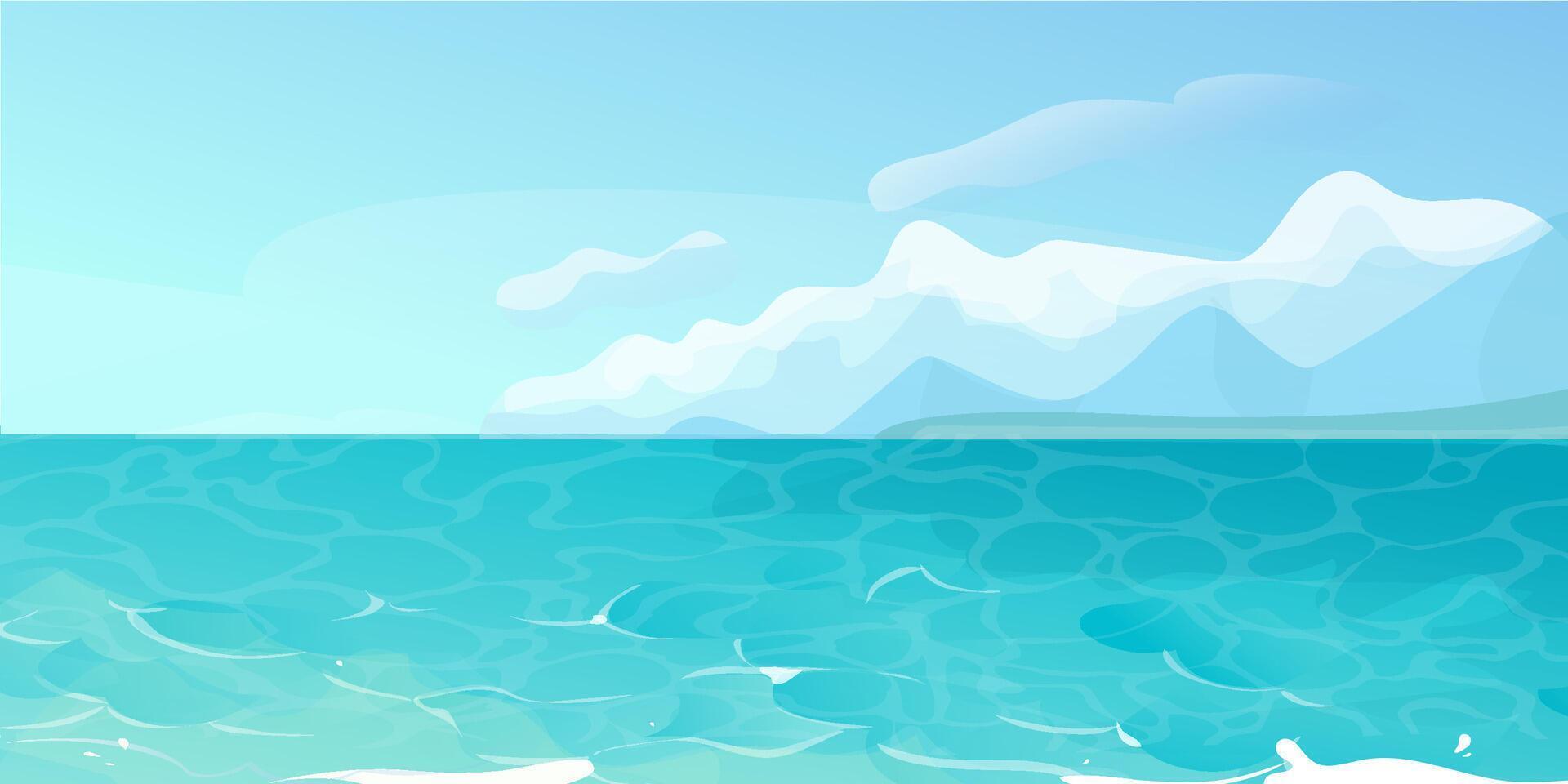 Ocean summer beach sea seashore, coastline with mountains on horizon. Seaside landscape, tropical beach landscape vector