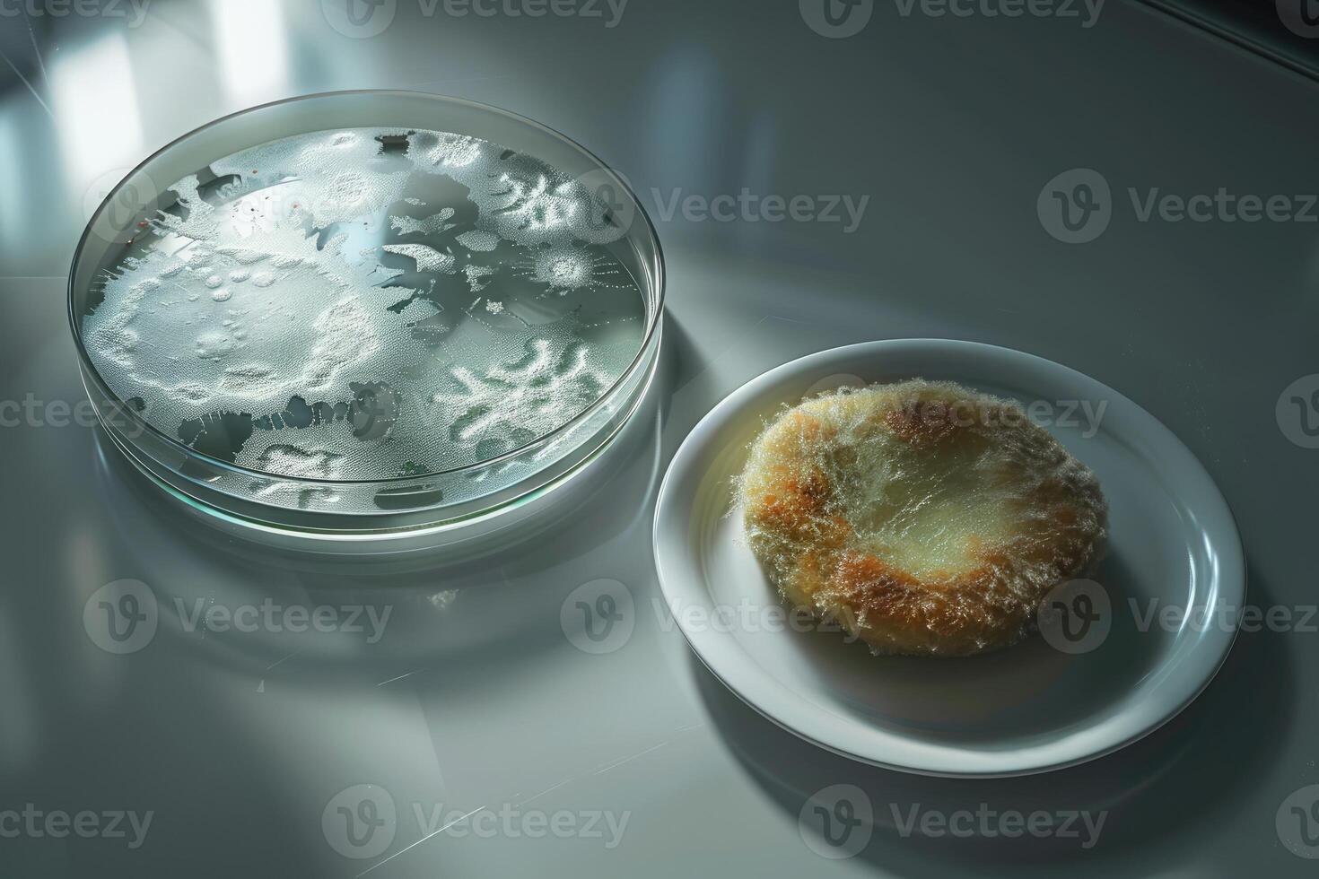 petri dishes with mold, algae, plate with cutlet, laboratory, cutlets made from mold, algae, artificial food, meat photo