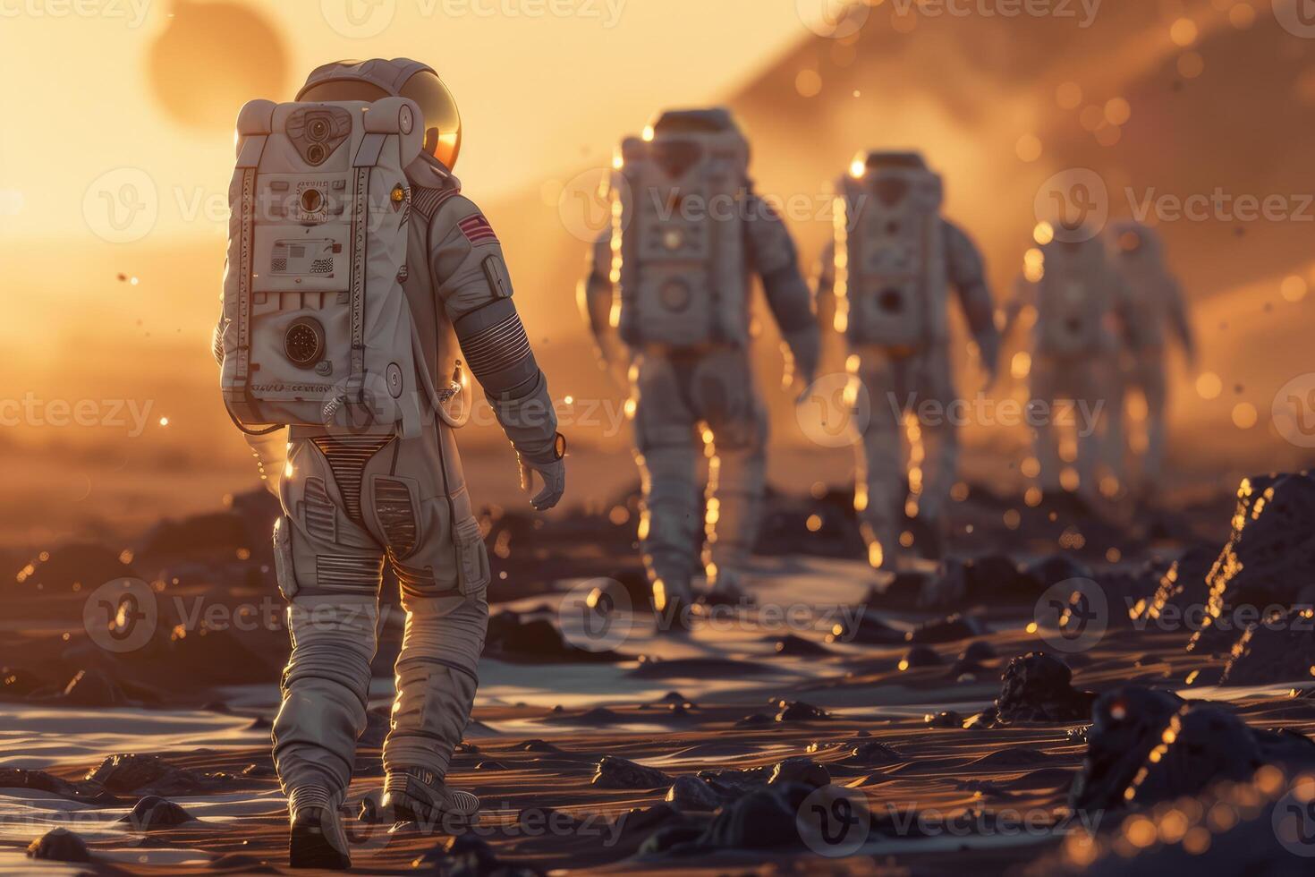 astronauts in spacesuits walk on the planet Mars. space travel, space exploration, flight to Mars, Colonization, Mars exploration photo