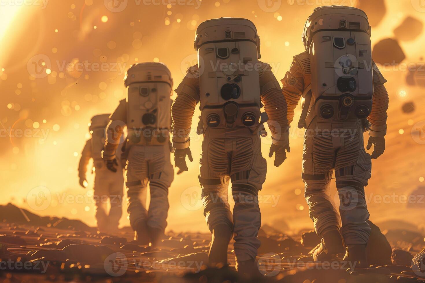 astronauts in spacesuits walk on the planet Mars. space travel, space exploration, flight to Mars, Colonization, Mars exploration photo