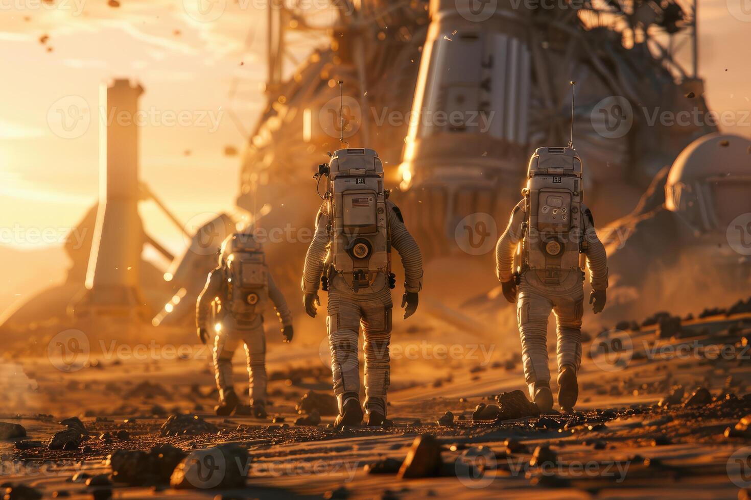 astronauts are walking on the planet Mars, in front of them is a space station, rocket, spaceship space exploration, flight to Mars, Colonization, Mars exploration photo