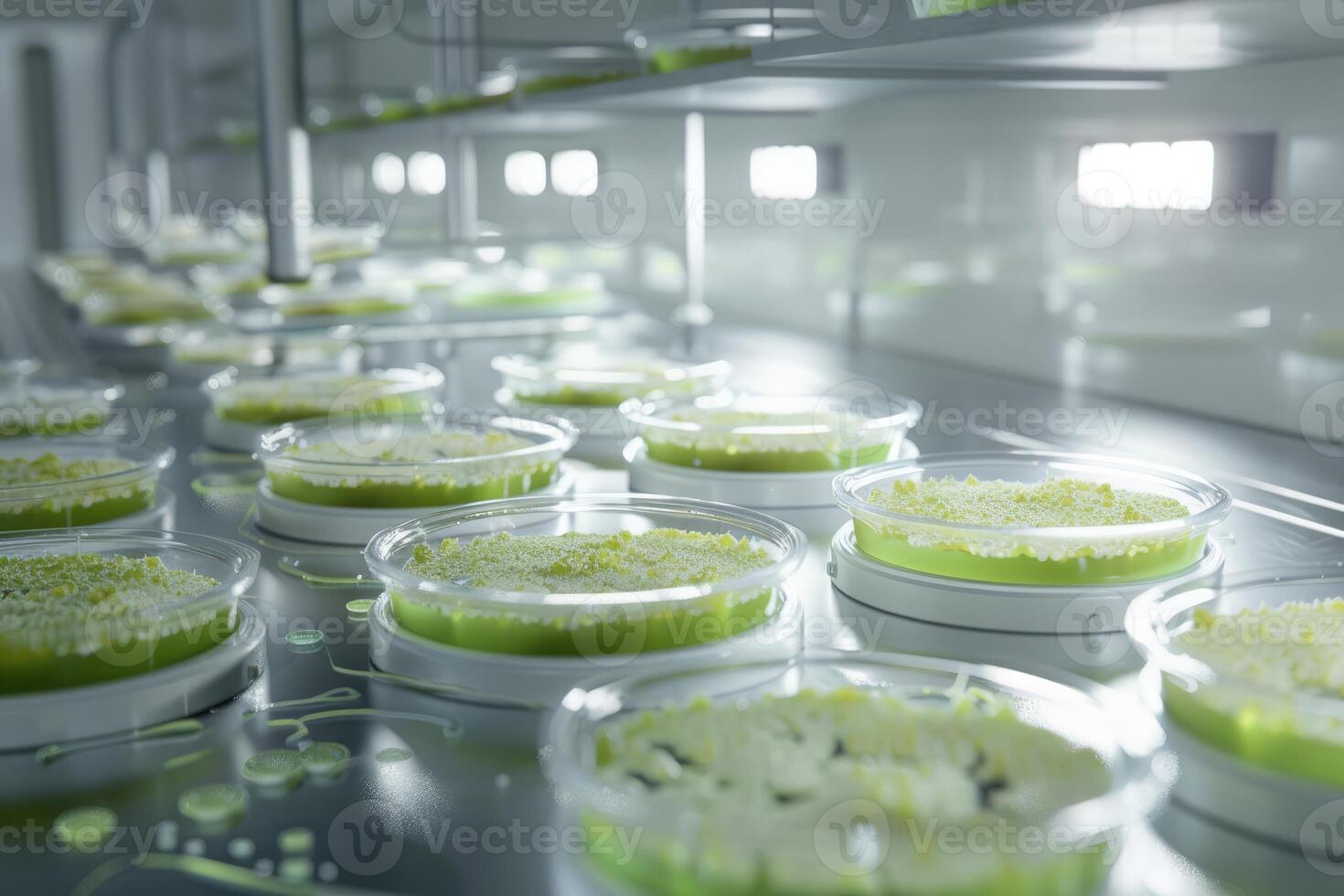 mold, Algae, microalgae in petri dishes research in laboratories. biotechnology, science. Flat lay. Macro. photo