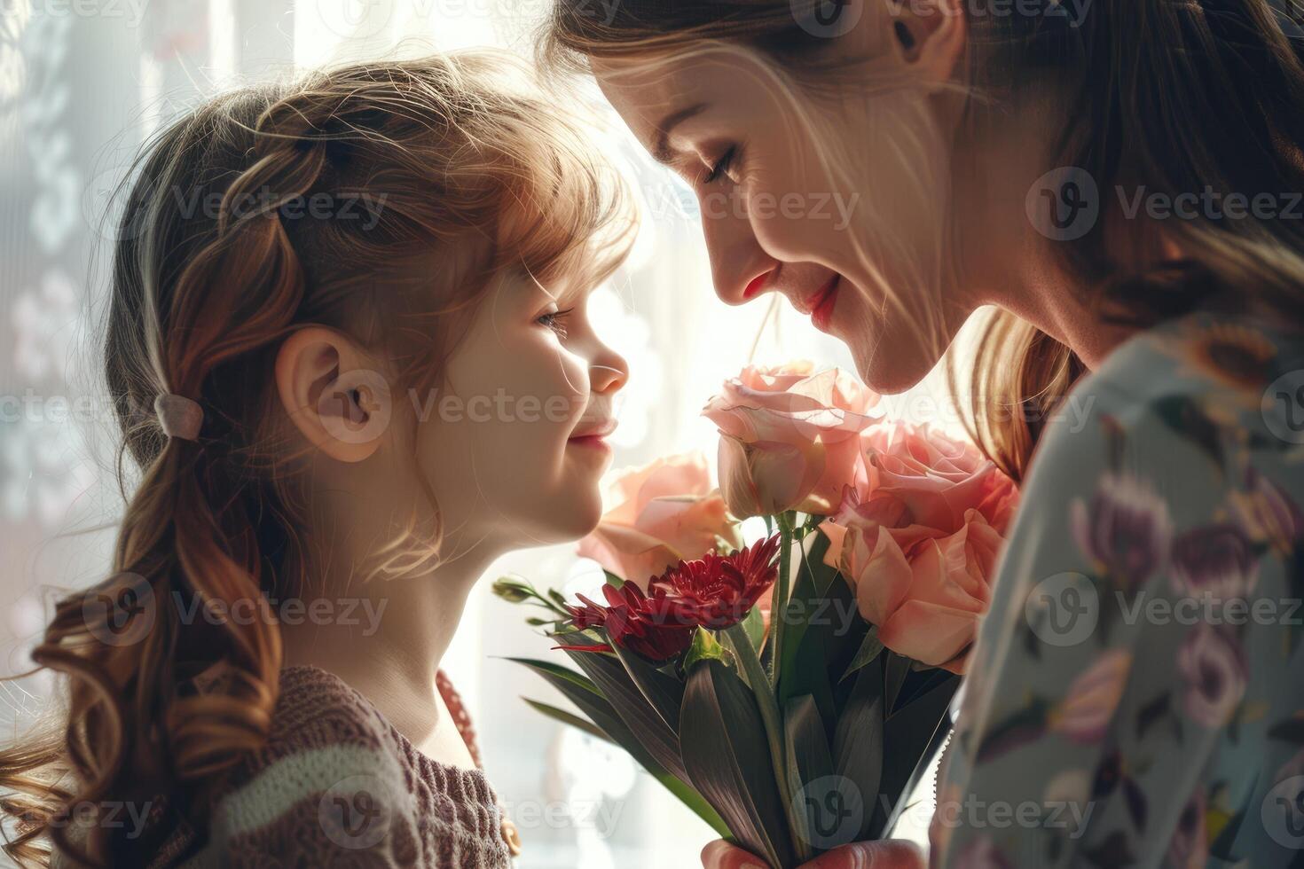 Little cute daughter gives her mom a bouquet of flowers, mother's day, holiday, entertainment, birthday photo