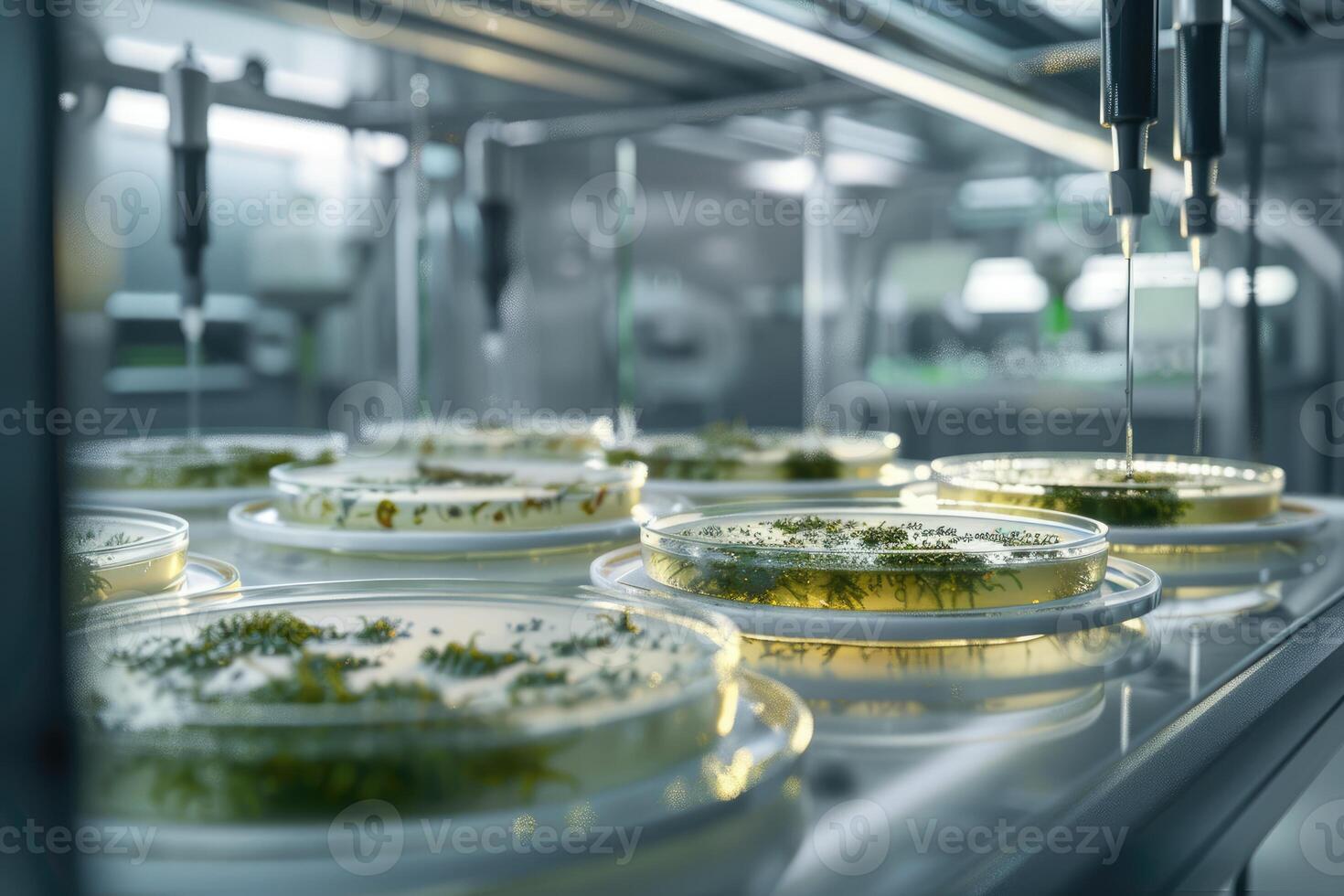 mold, Algae, microalgae in petri dishes research in laboratories. biotechnology, science. Flat lay. Macro. photo