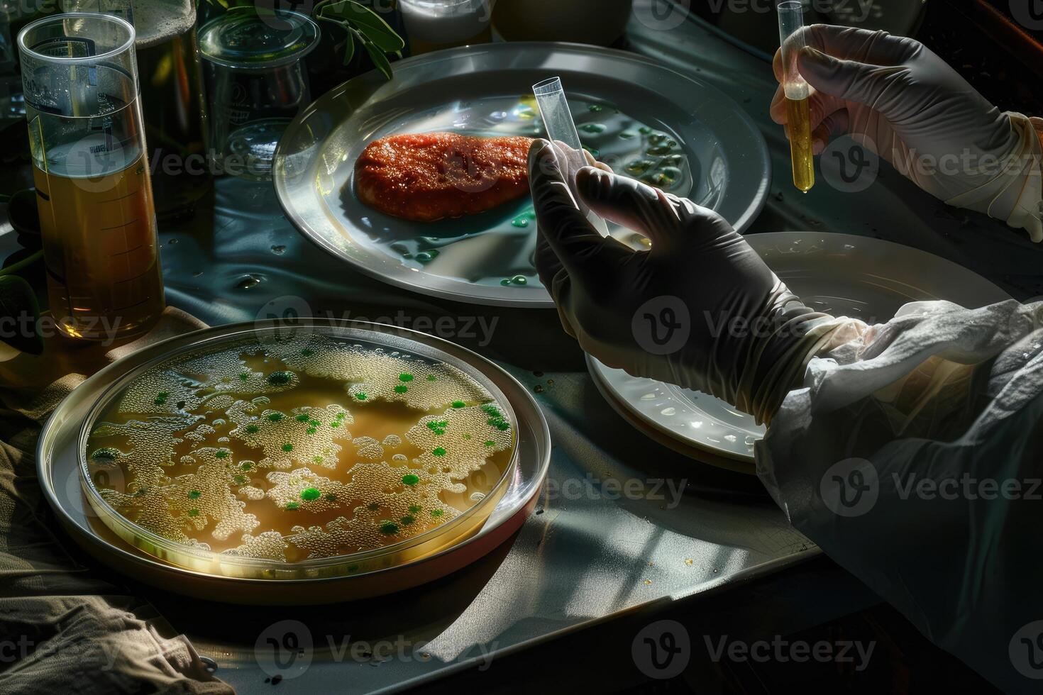 laboratory, cutlets made from mold, algae, microalgae. scientist's hand with test tube, pipette, biotechnologies, artificial food, meat photo