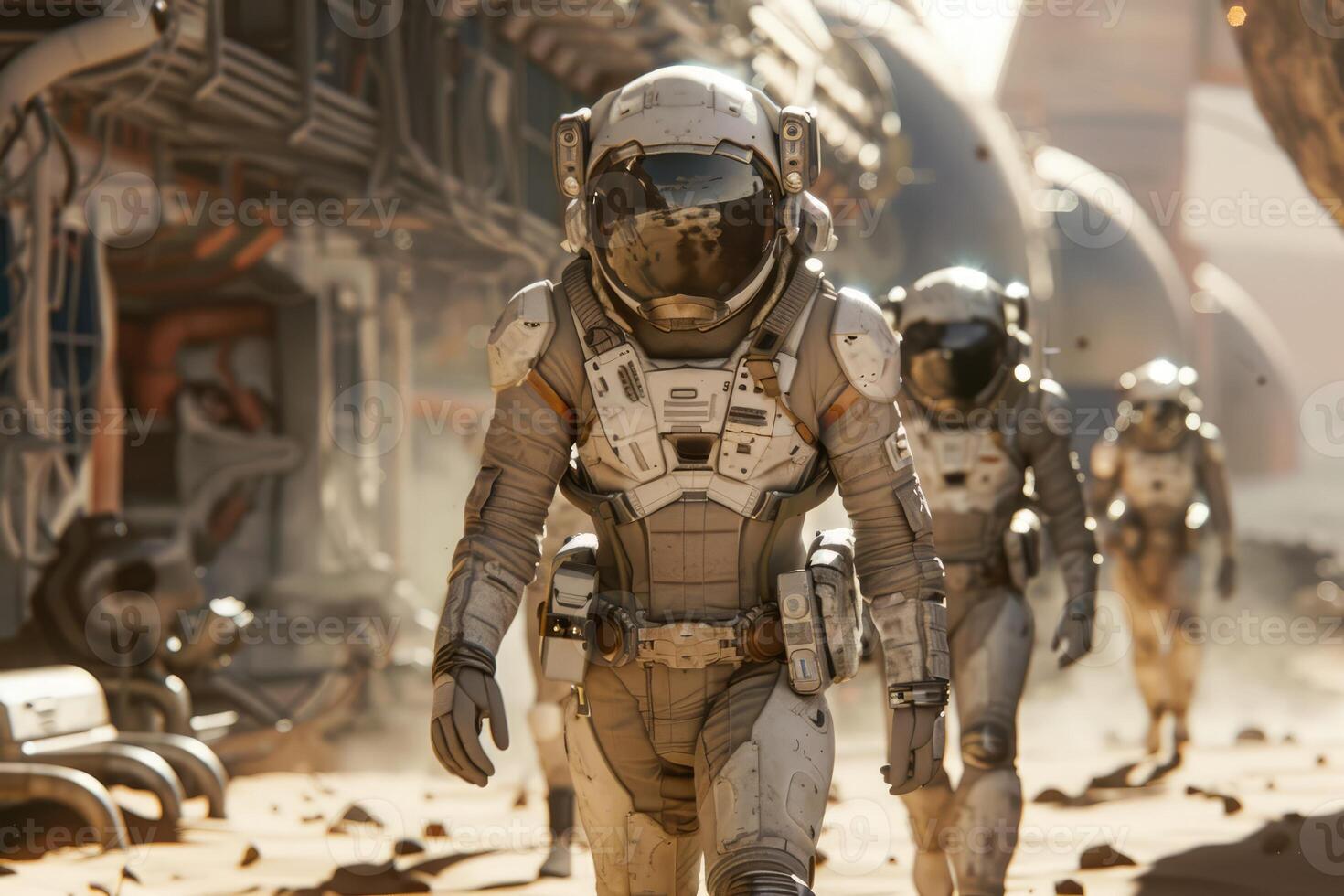 astronauts are walking on the planet Mars, in front of them is a space station, rocket, spaceship space exploration, flight to Mars, Colonization, Mars exploration photo