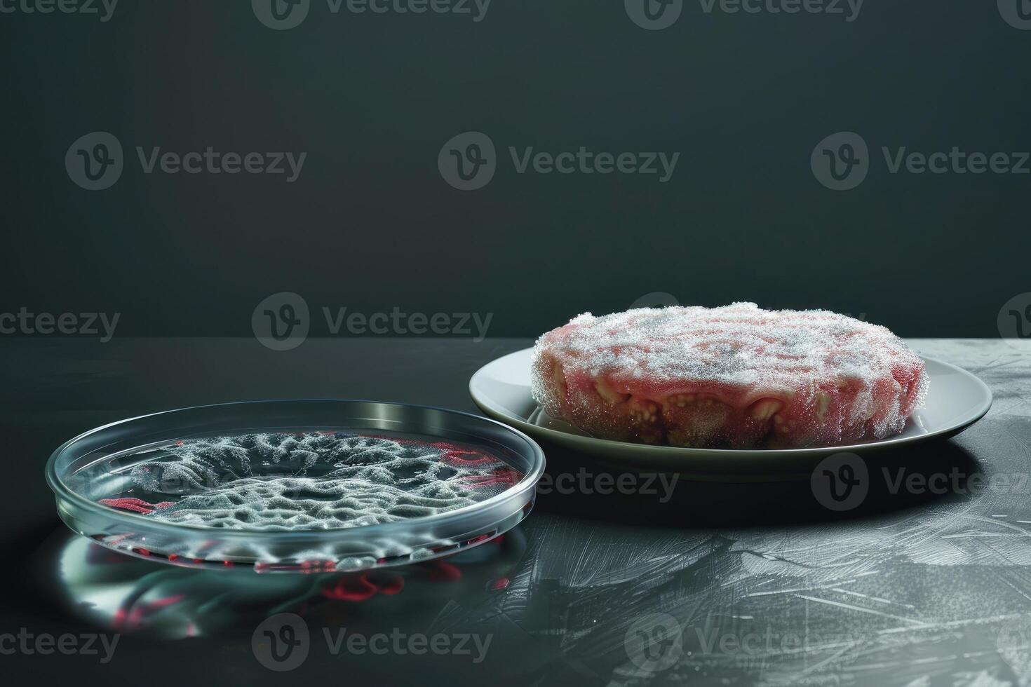 petri dishes with mold, algae, plate with cutlet, laboratory, cutlets made from mold, algae, artificial food, meat photo