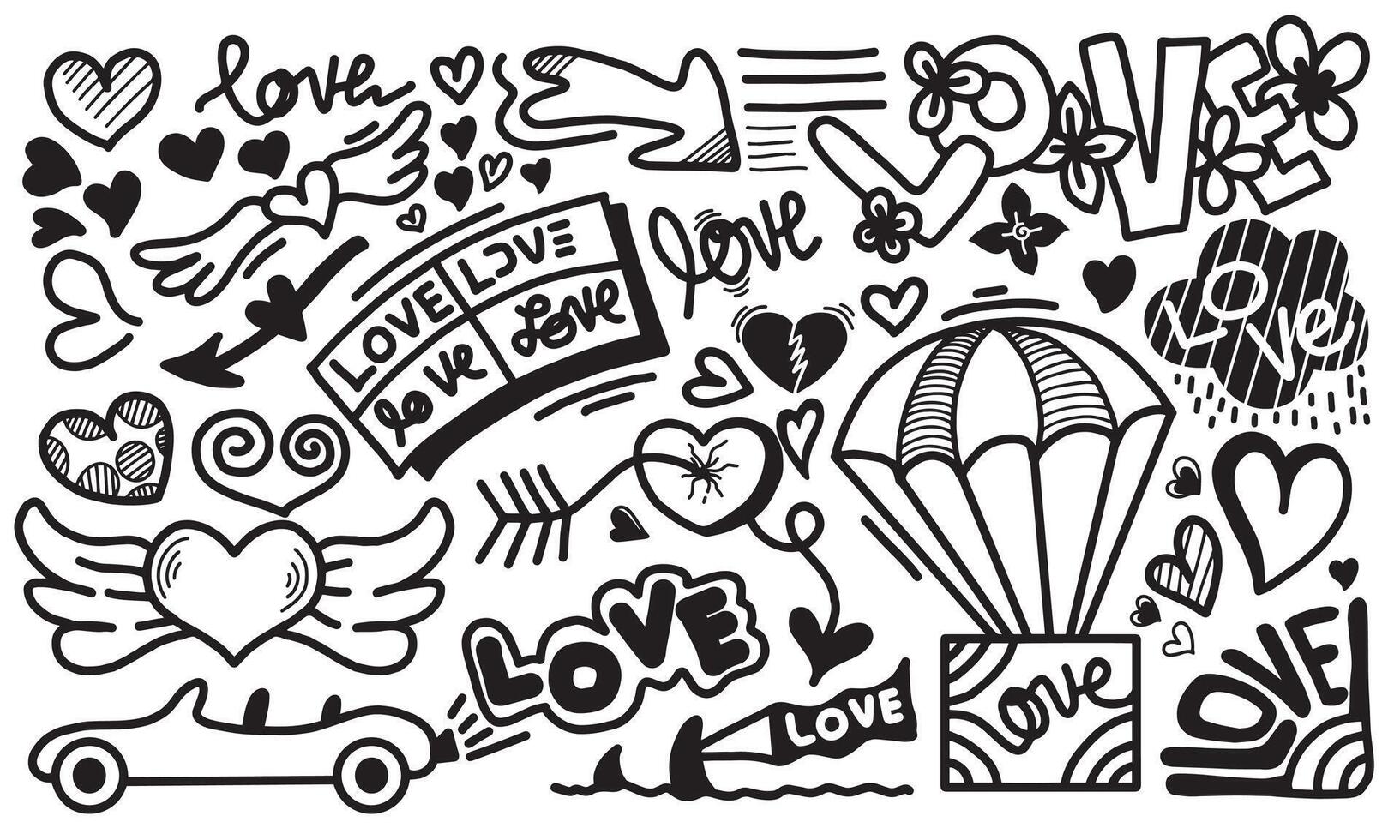 set of hand drawn Wedding elements. Set of Ornamental Wedding Style Elements. Arrows, heart, text, flag and other vector